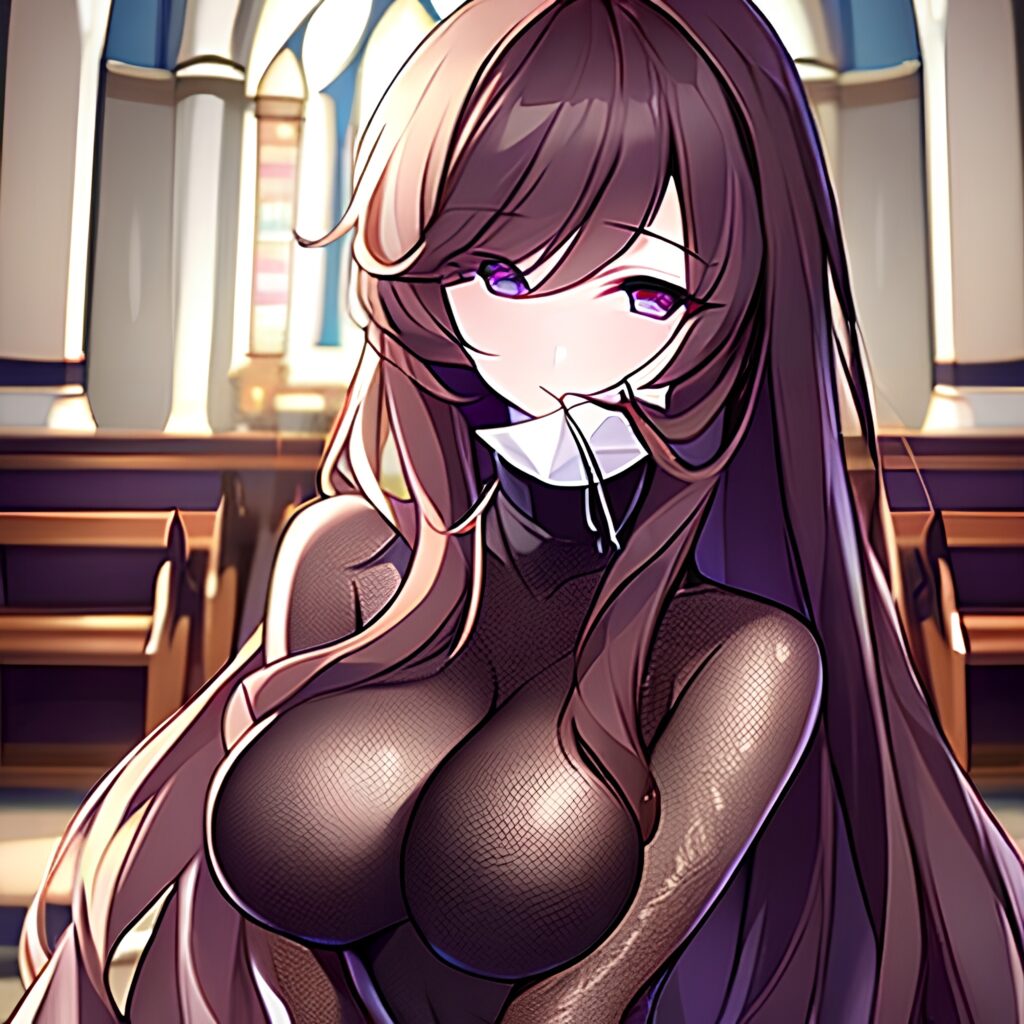 church fishnet brunette long hair woman messy hair