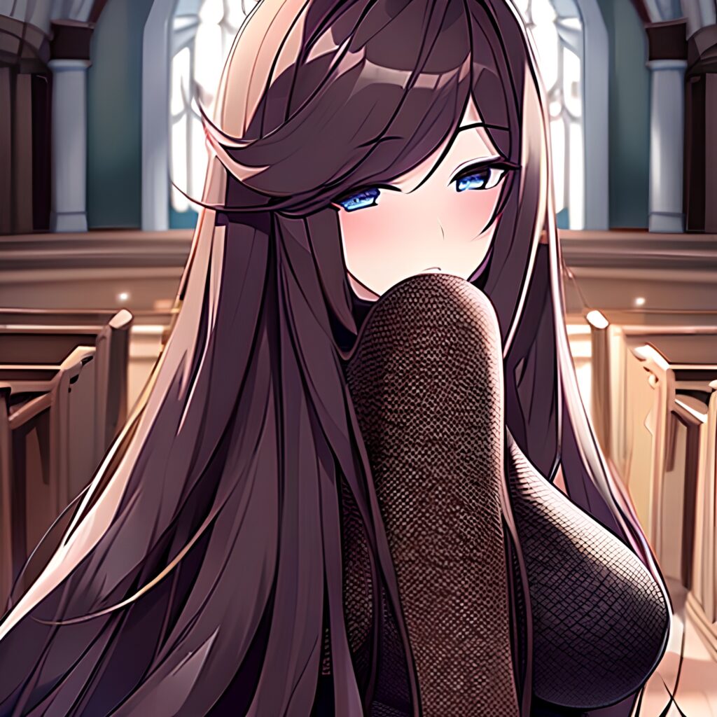 church fishnet brunette messy hair long hair woman 