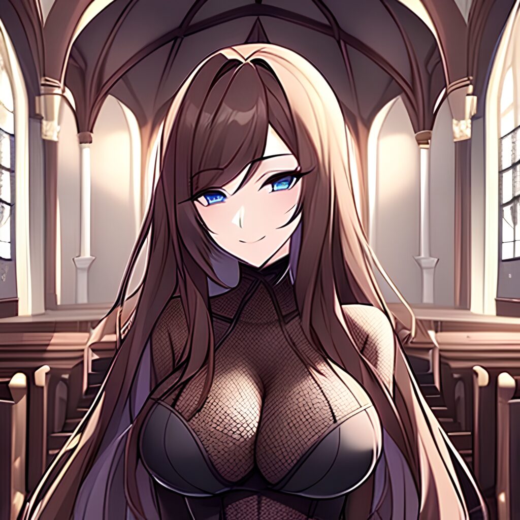 church fishnet brunette messy hair long hair woman 