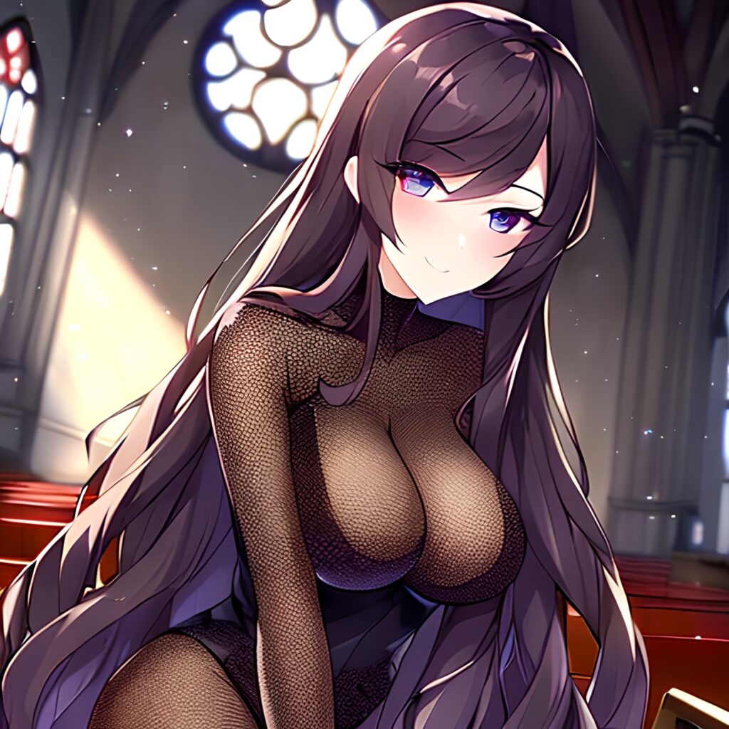 church fishnet brunette woman long hair messy hair 