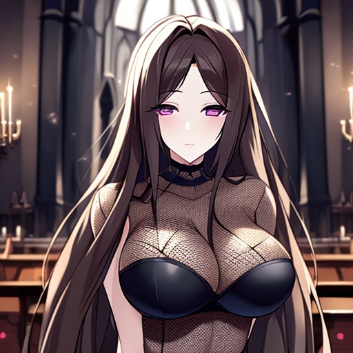 church fishnet brunette woman long hair messy hair 