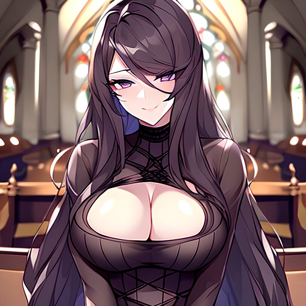 church fishnet brunette woman long hair messy hair 