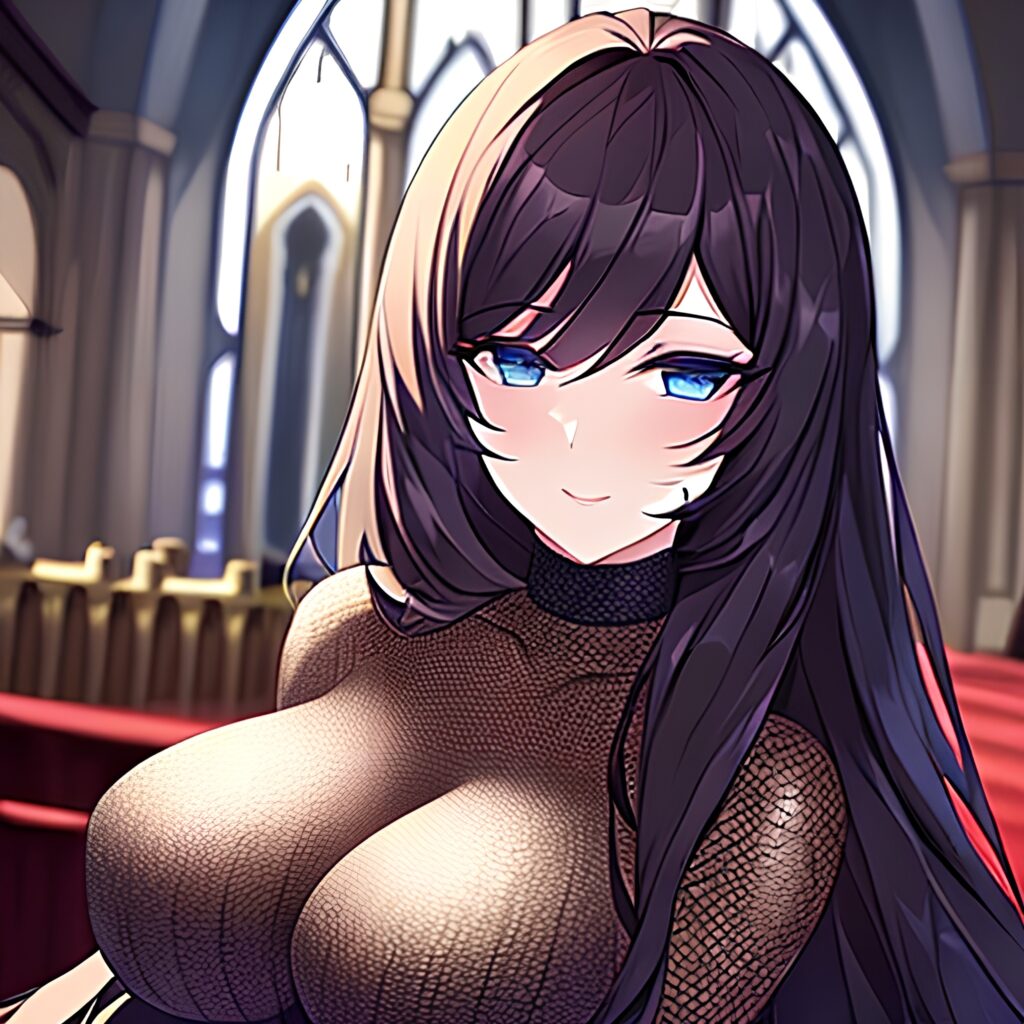 church fishnet brunette woman long hair messy hair 