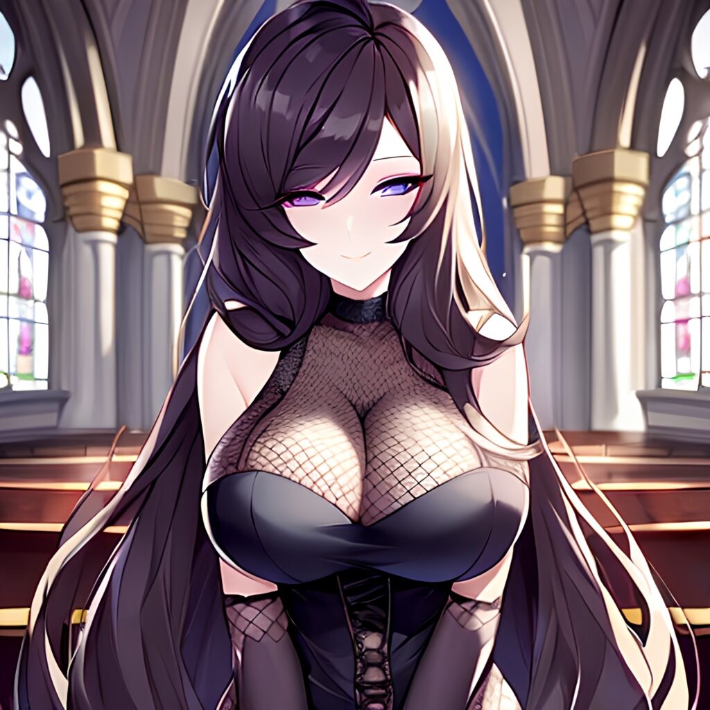 church fishnet brunette woman long hair messy hair 