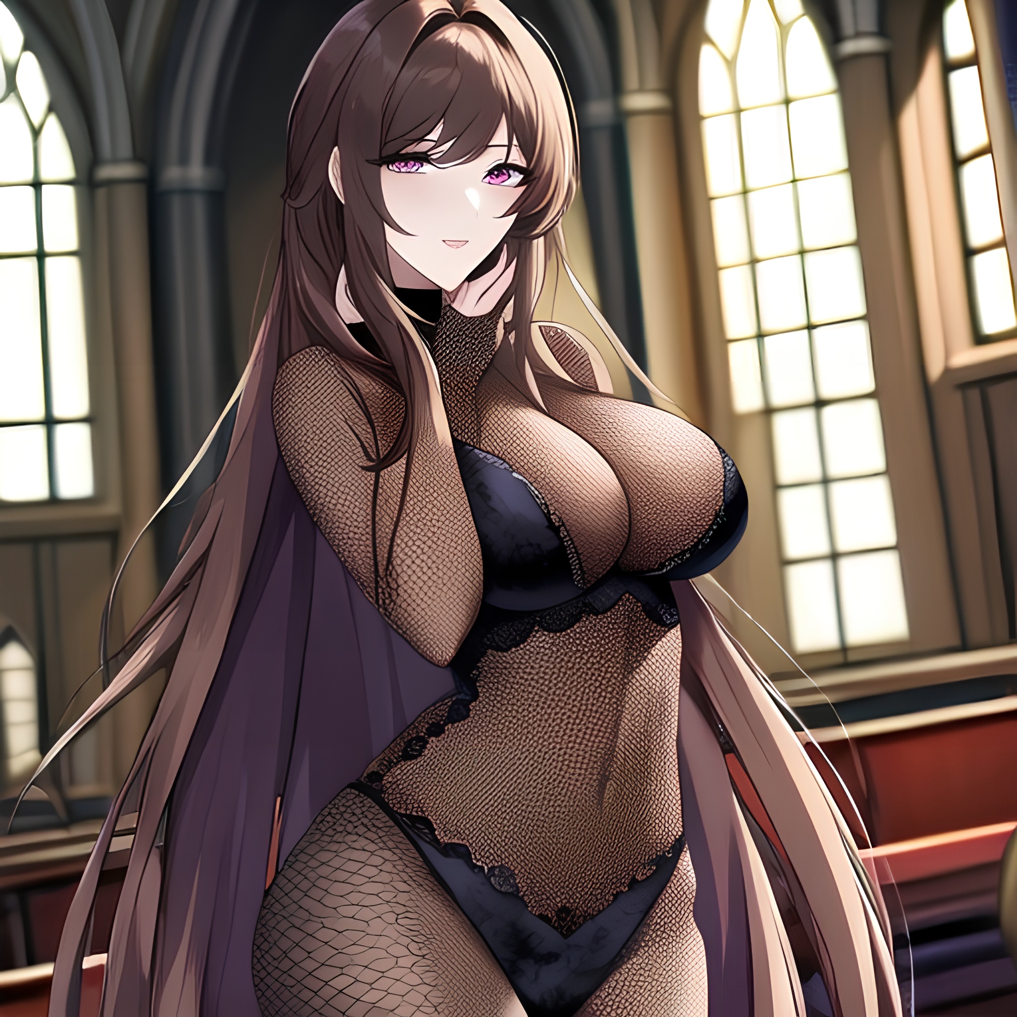 church fishnet brunette woman long hair messy hair 
