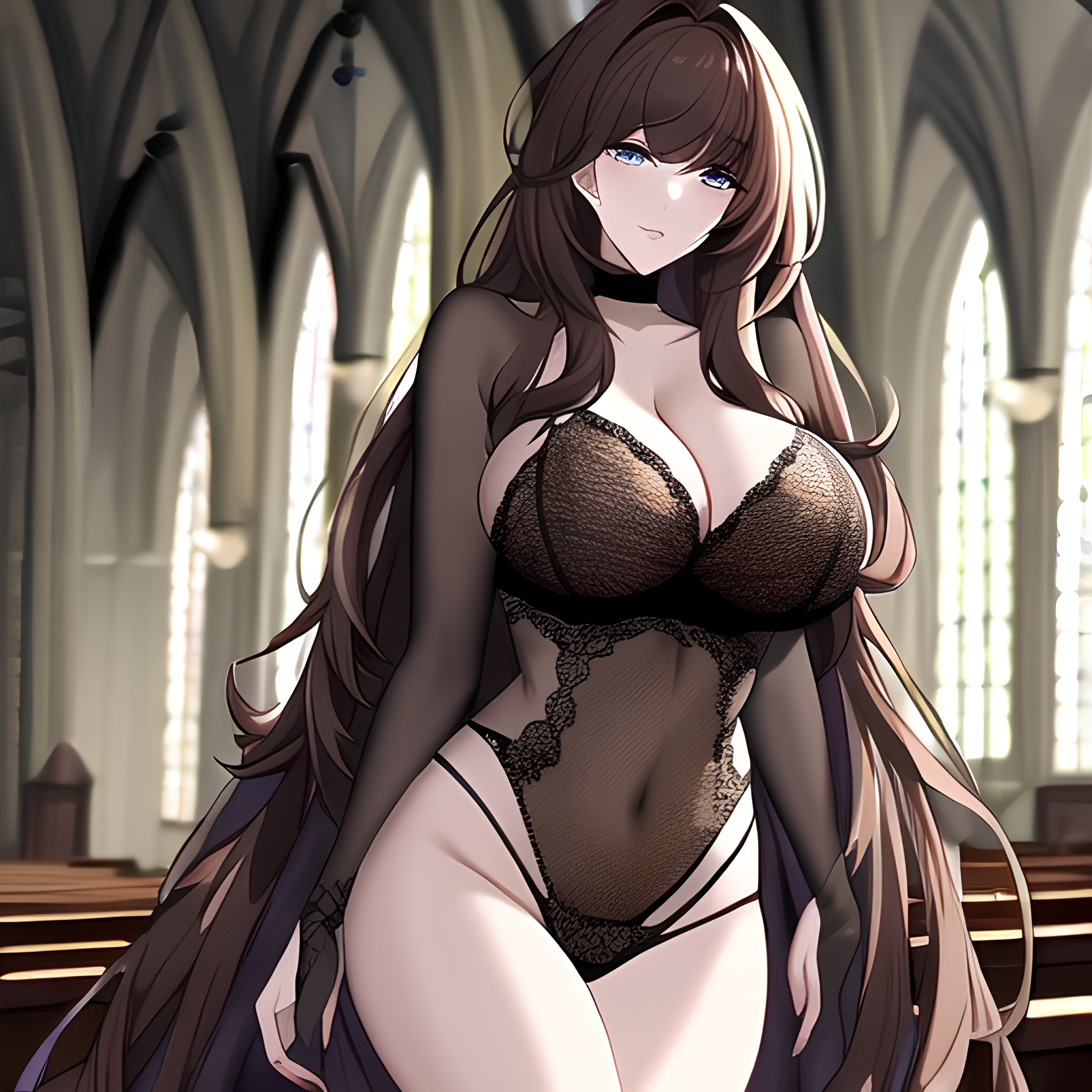 church fishnet brunette woman messy hair long hair 