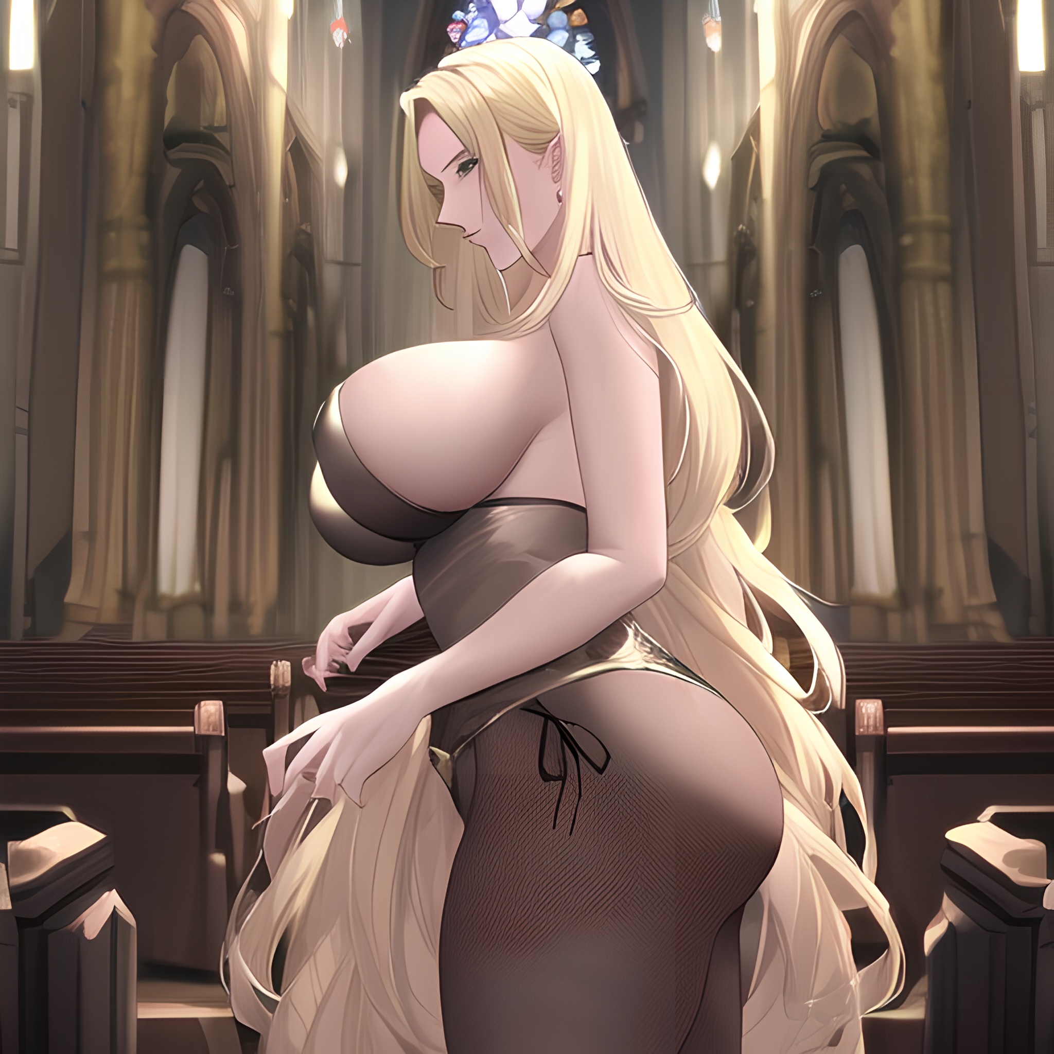 church fishnet front view blonde small boobs woman nude long hair 