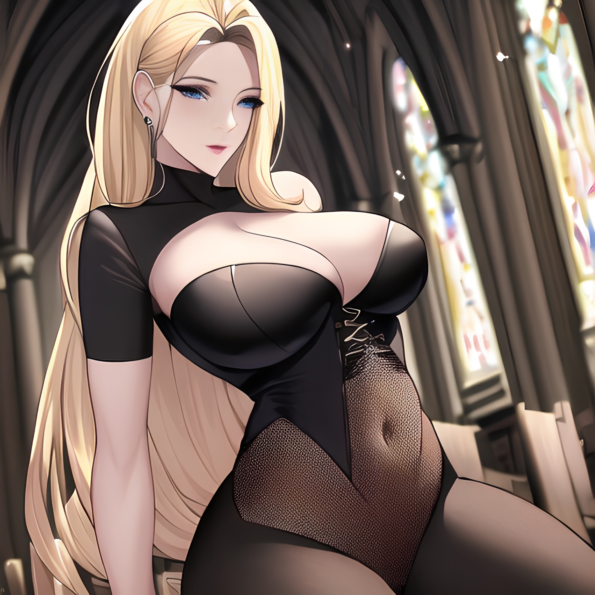 church fishnet front view small boobs long hair blonde nude woman 