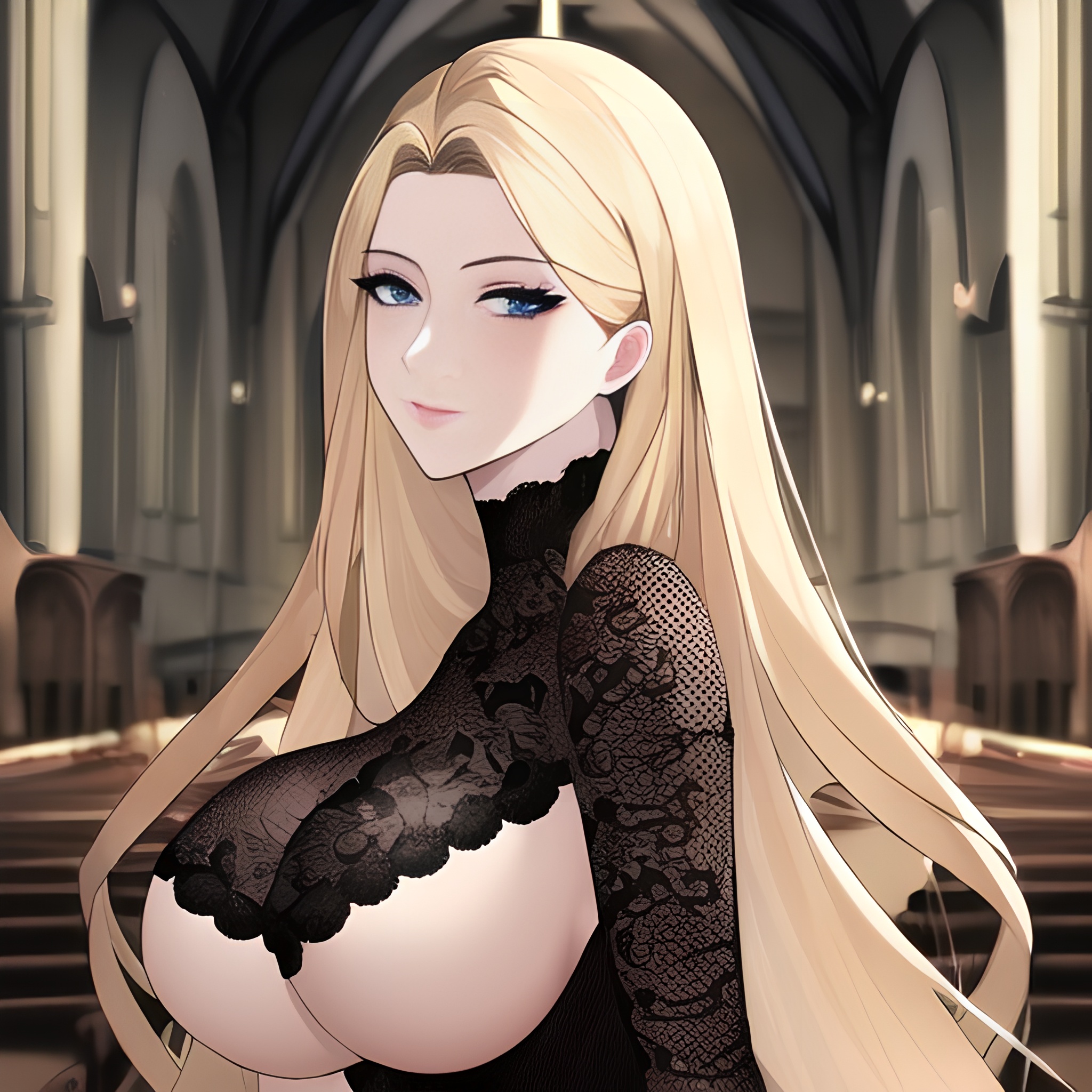 church fishnet front view small boobs woman nude long hair blonde 