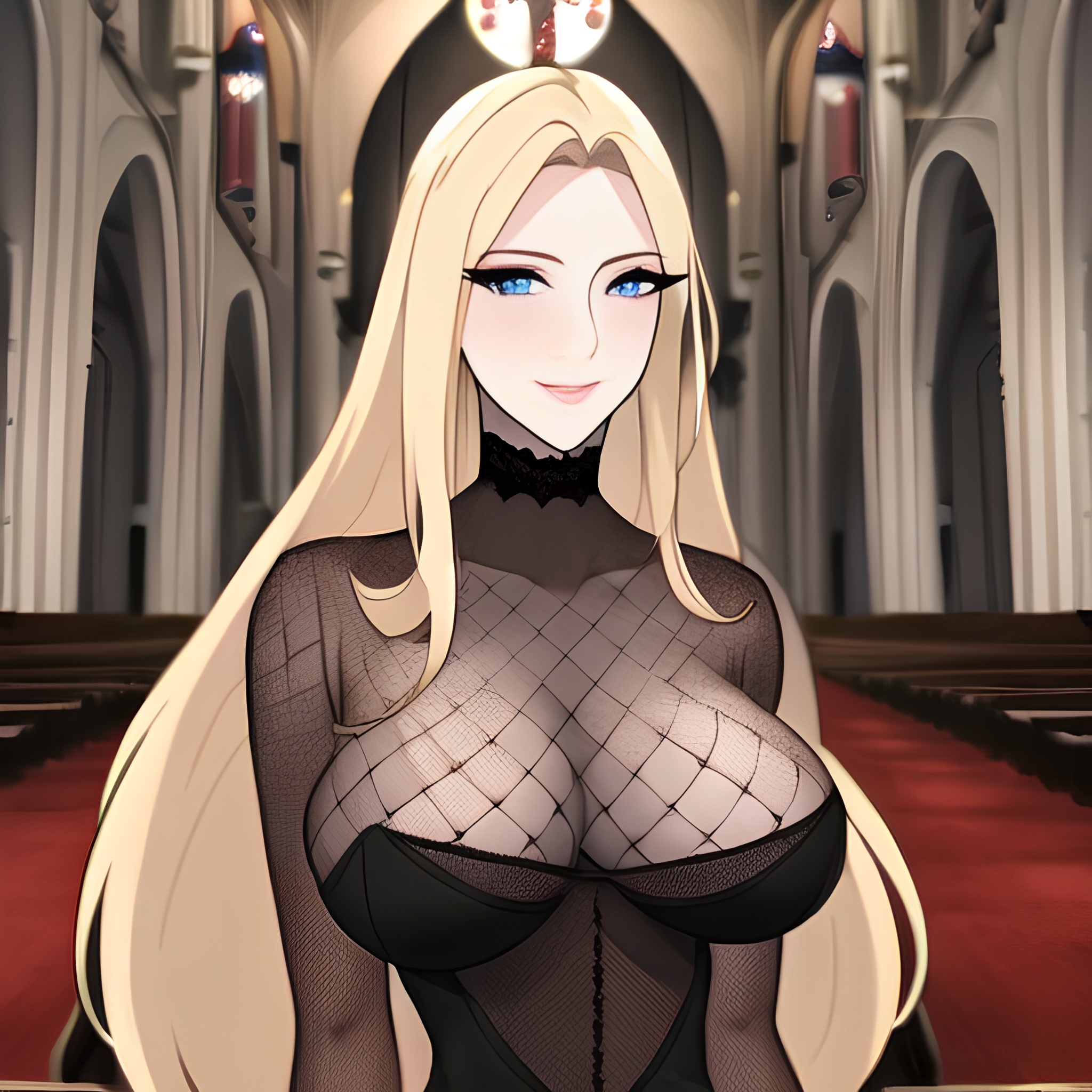 church fishnet front view woman long hair nude small boobs blonde 