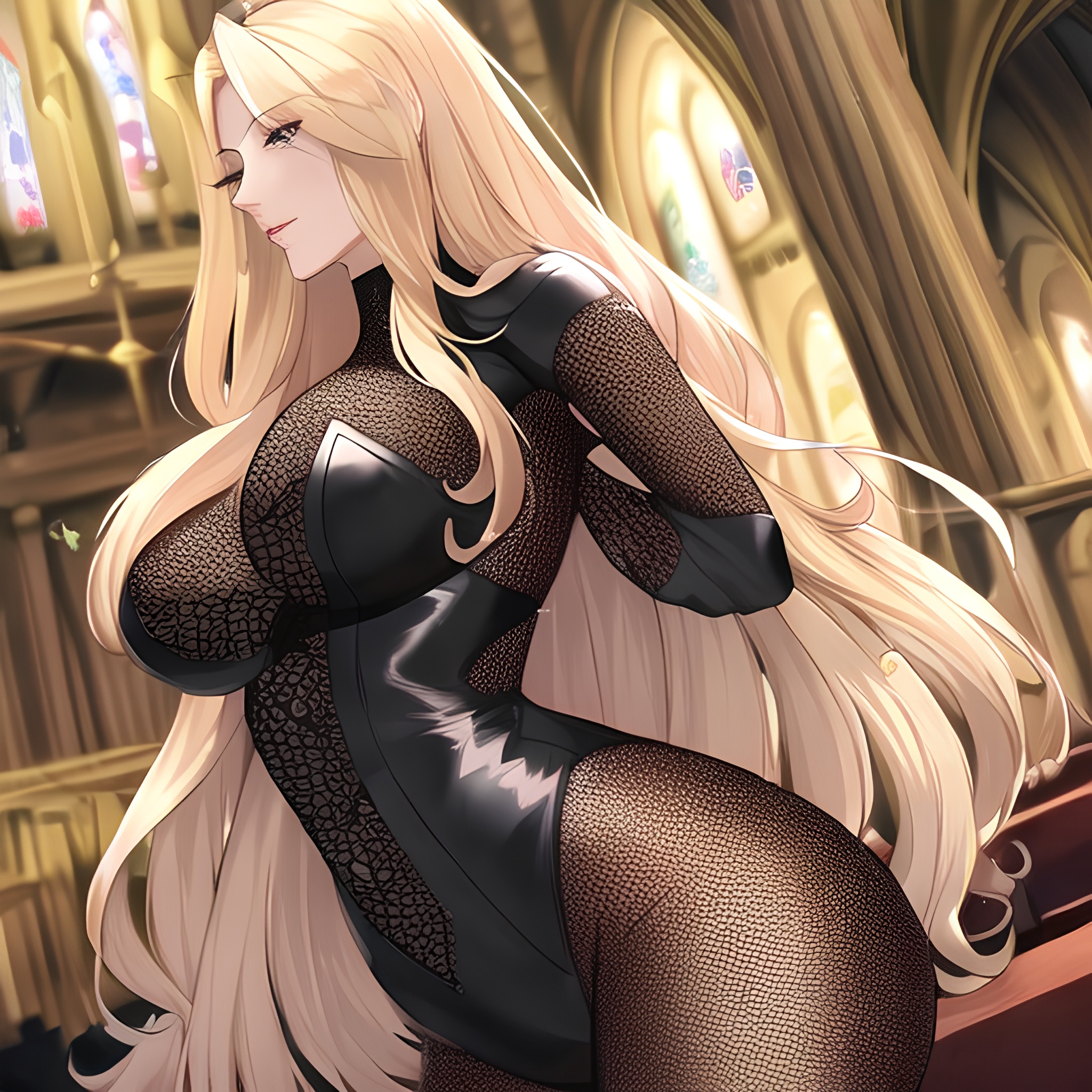 church fishnet long hair blonde nude small boobs woman front view