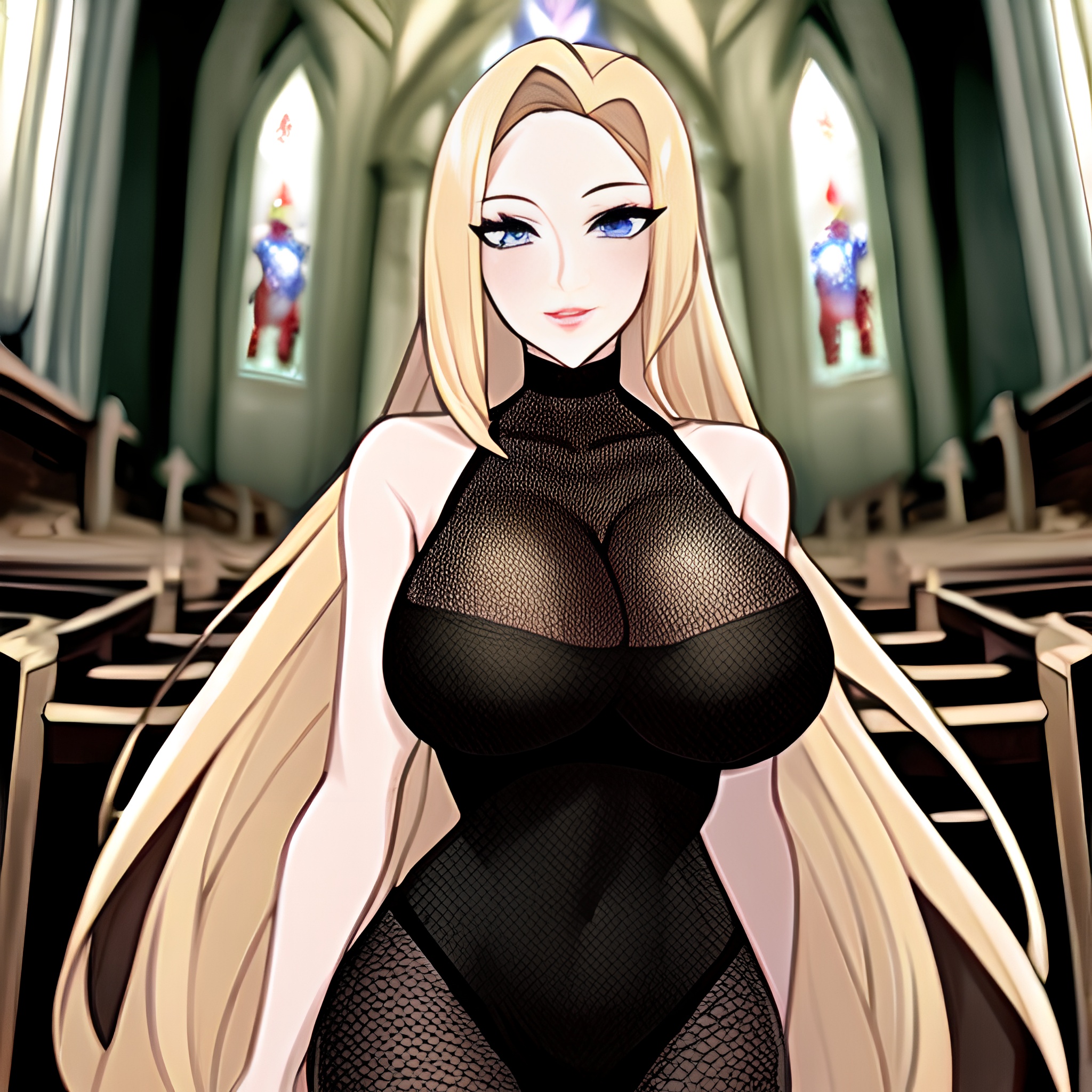 church fishnet long hair blonde woman 