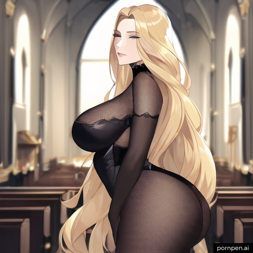 church fishnet long hair blonde woman front view small boobs nude 