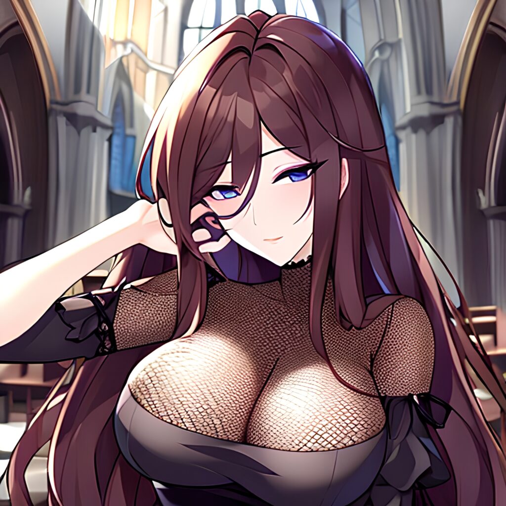 church fishnet long hair brunette messy hair woman 