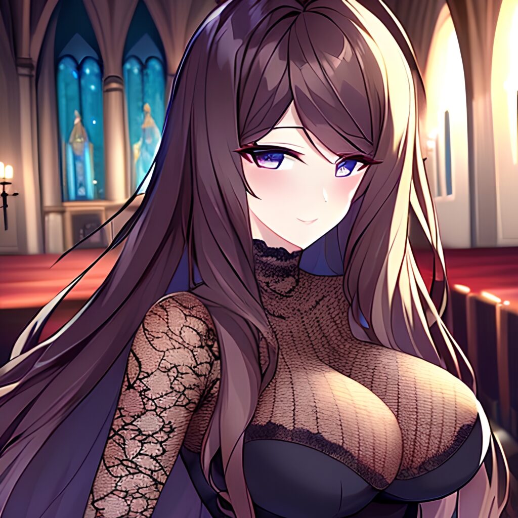 church fishnet long hair brunette messy hair woman 