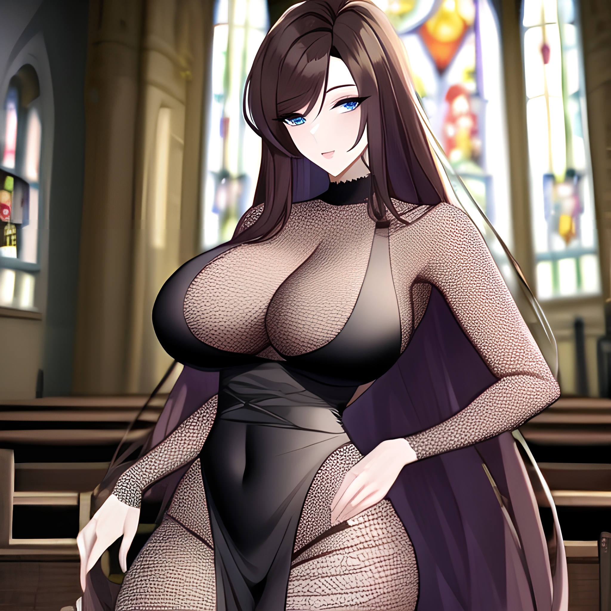 church fishnet long hair brunette messy hair woman 