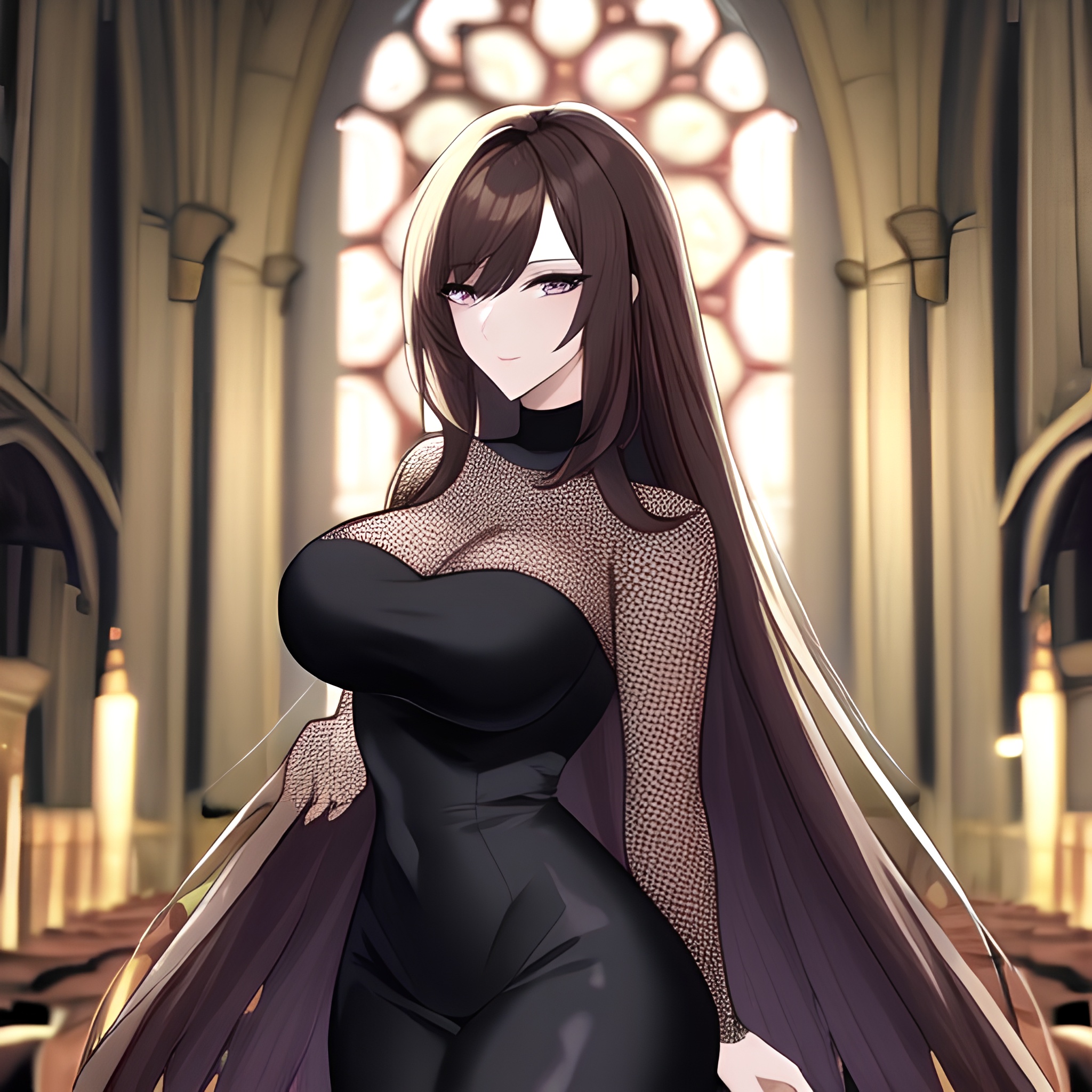 church fishnet long hair messy hair brunette woman 