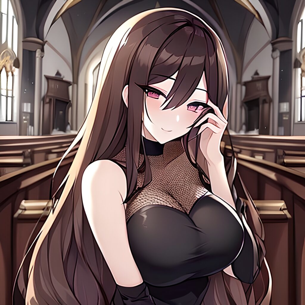 church fishnet long hair messy hair brunette woman
