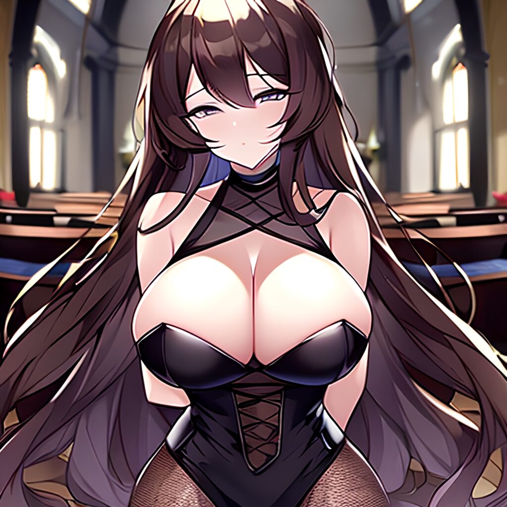 church fishnet long hair messy hair brunette woman 