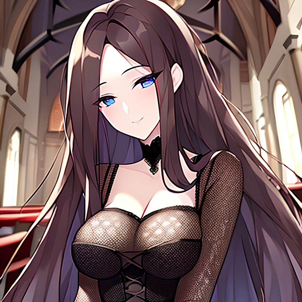 church fishnet long hair messy hair brunette woman 