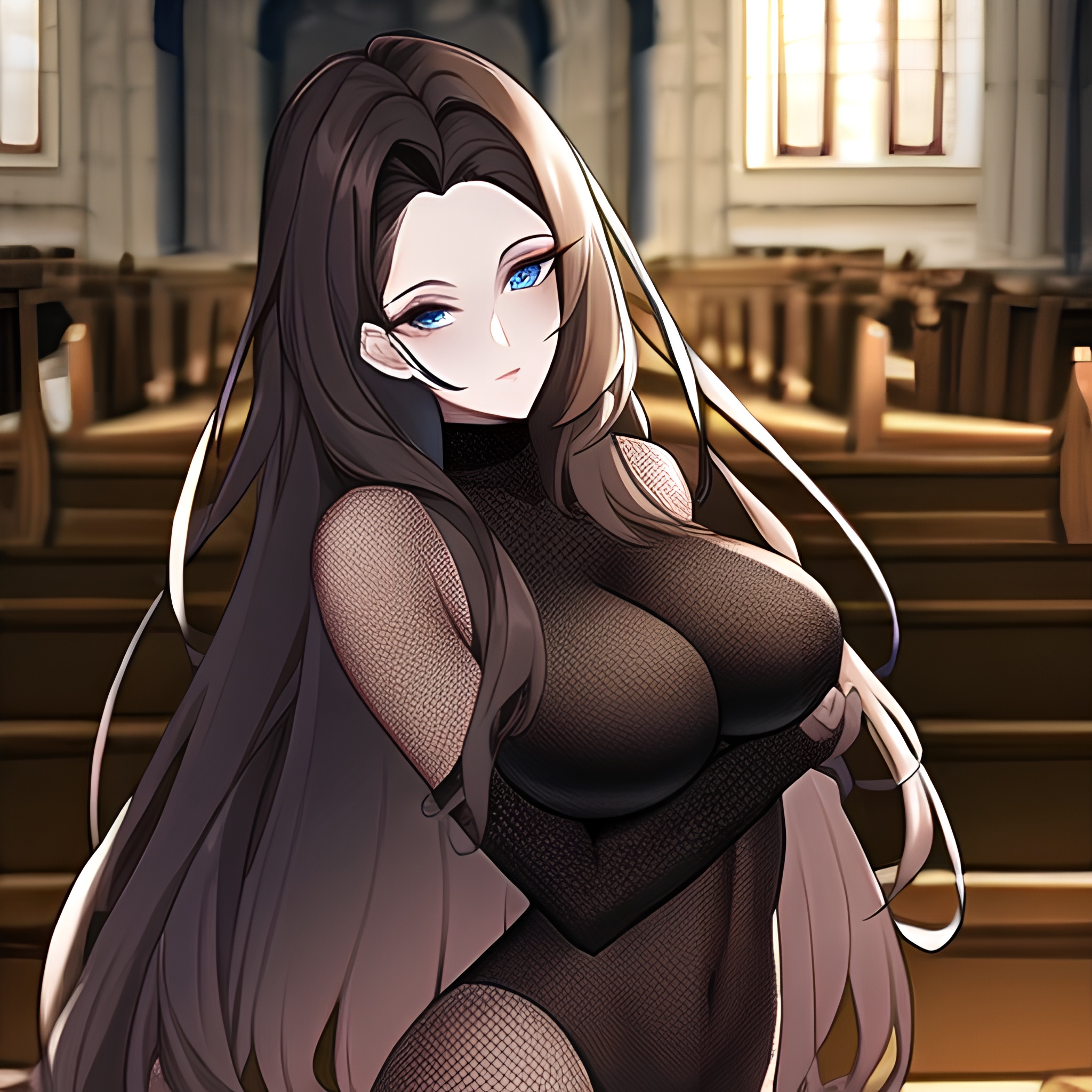 church fishnet long hair messy hair brunette woman 