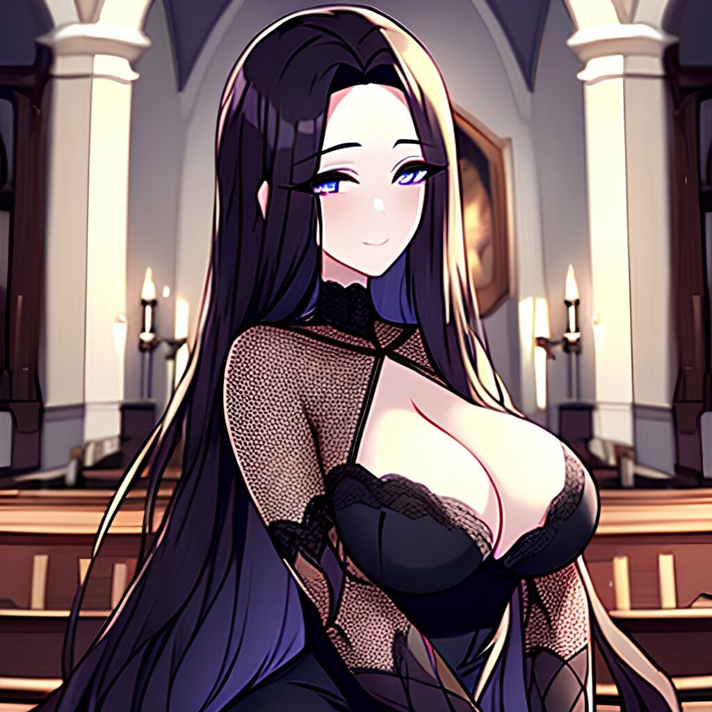 church fishnet long hair messy hair brunette woman 