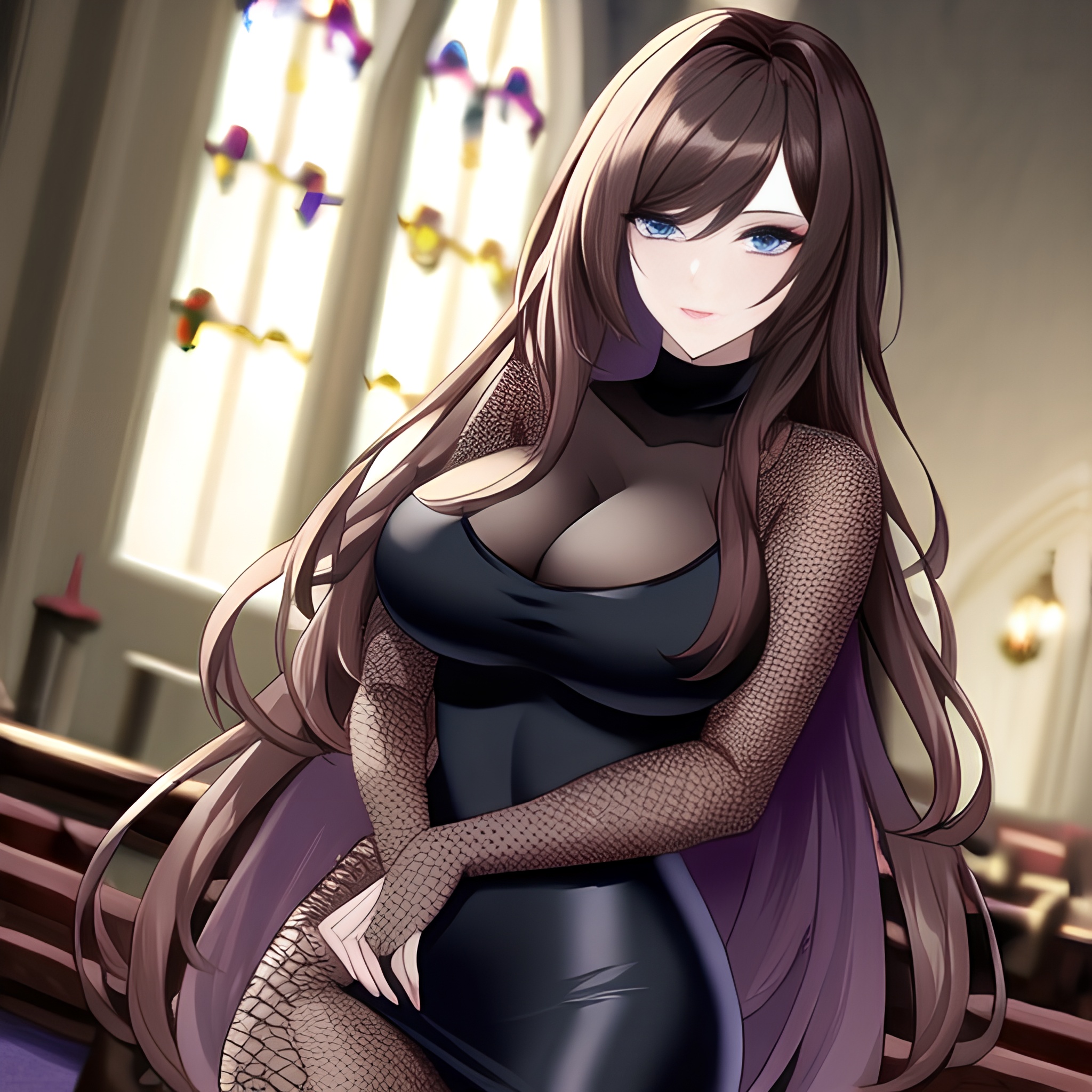 church fishnet long hair messy hair woman brunette 