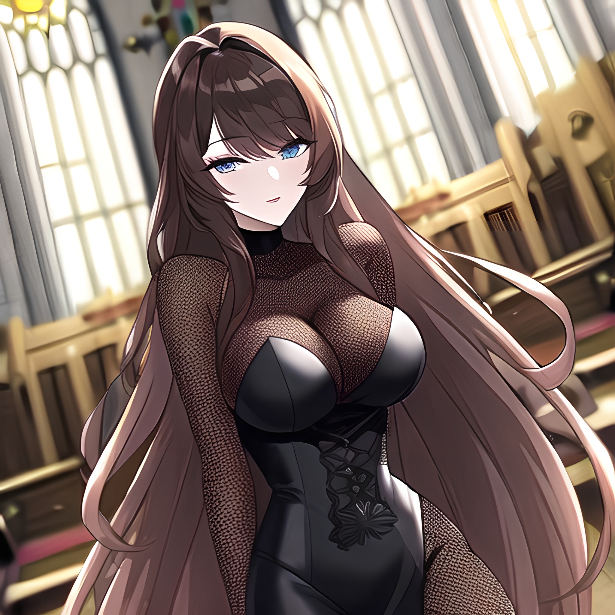 church fishnet long hair messy hair woman brunette 