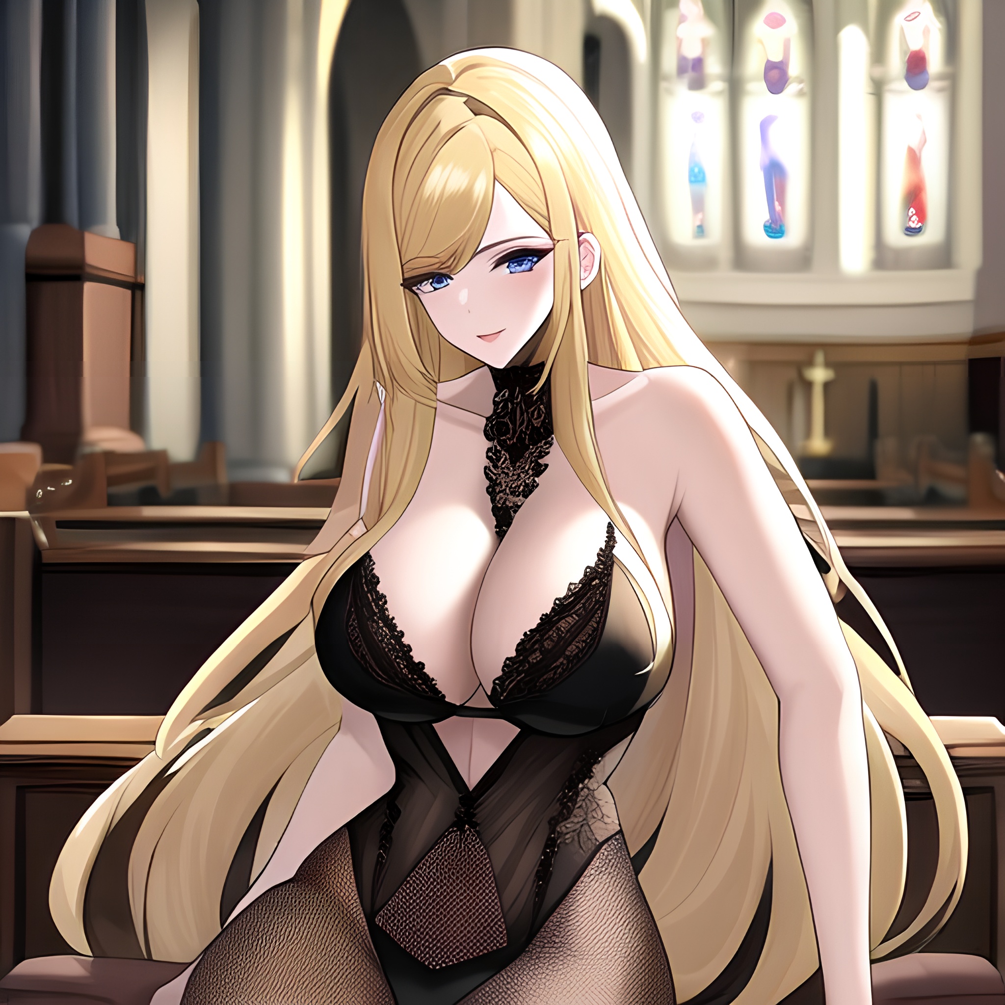 church fishnet long hair woman blonde 