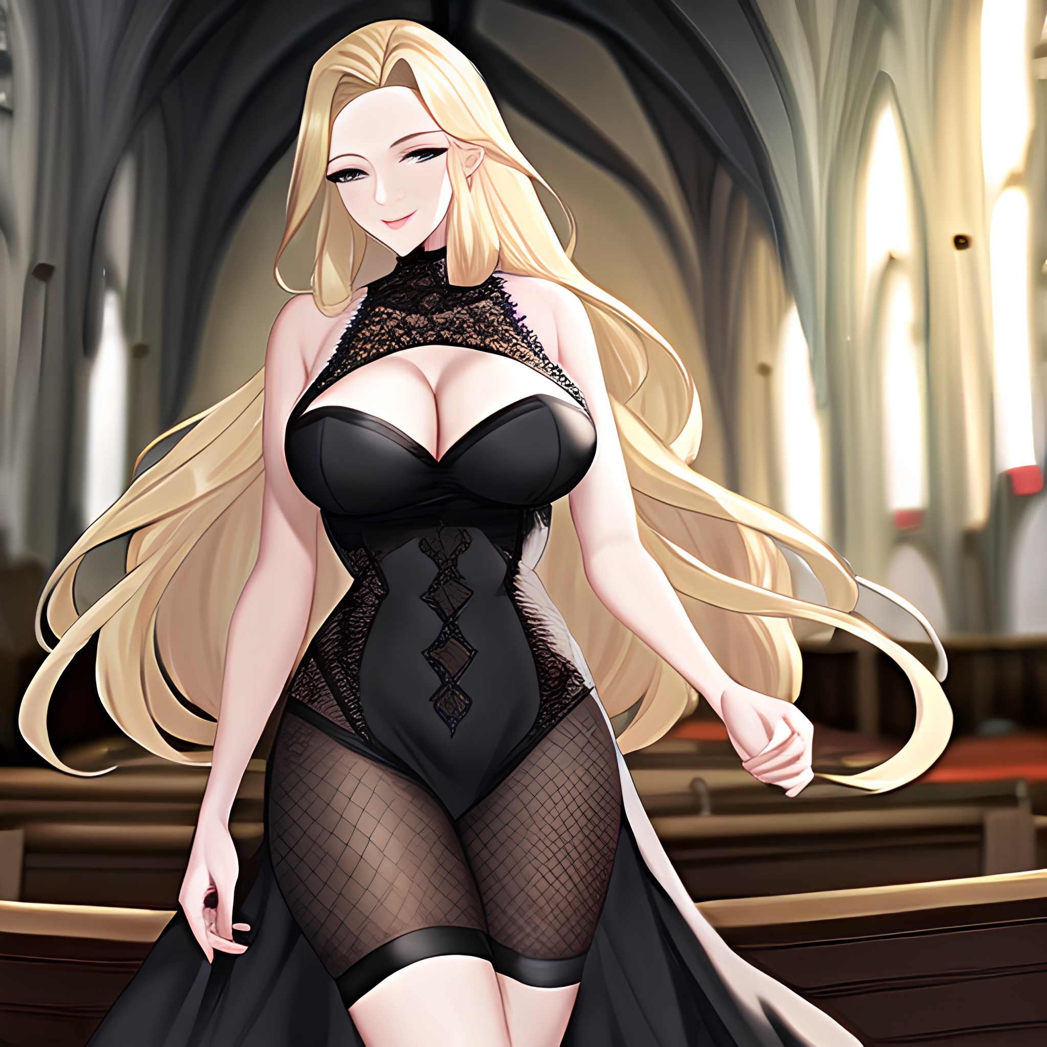 church fishnet long hair woman blonde 