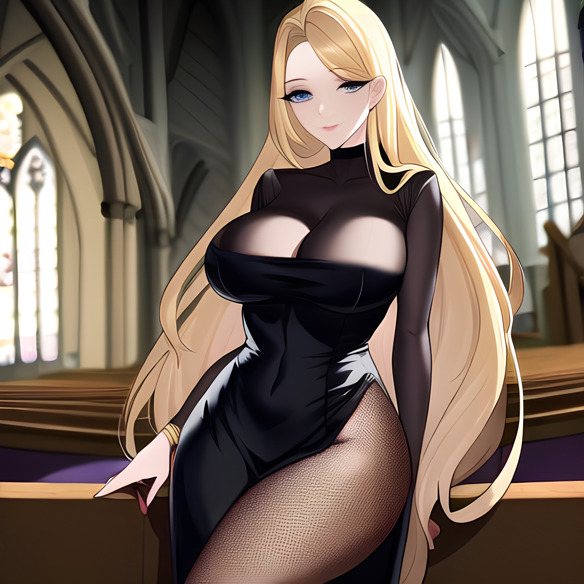 church fishnet long hair woman blonde 