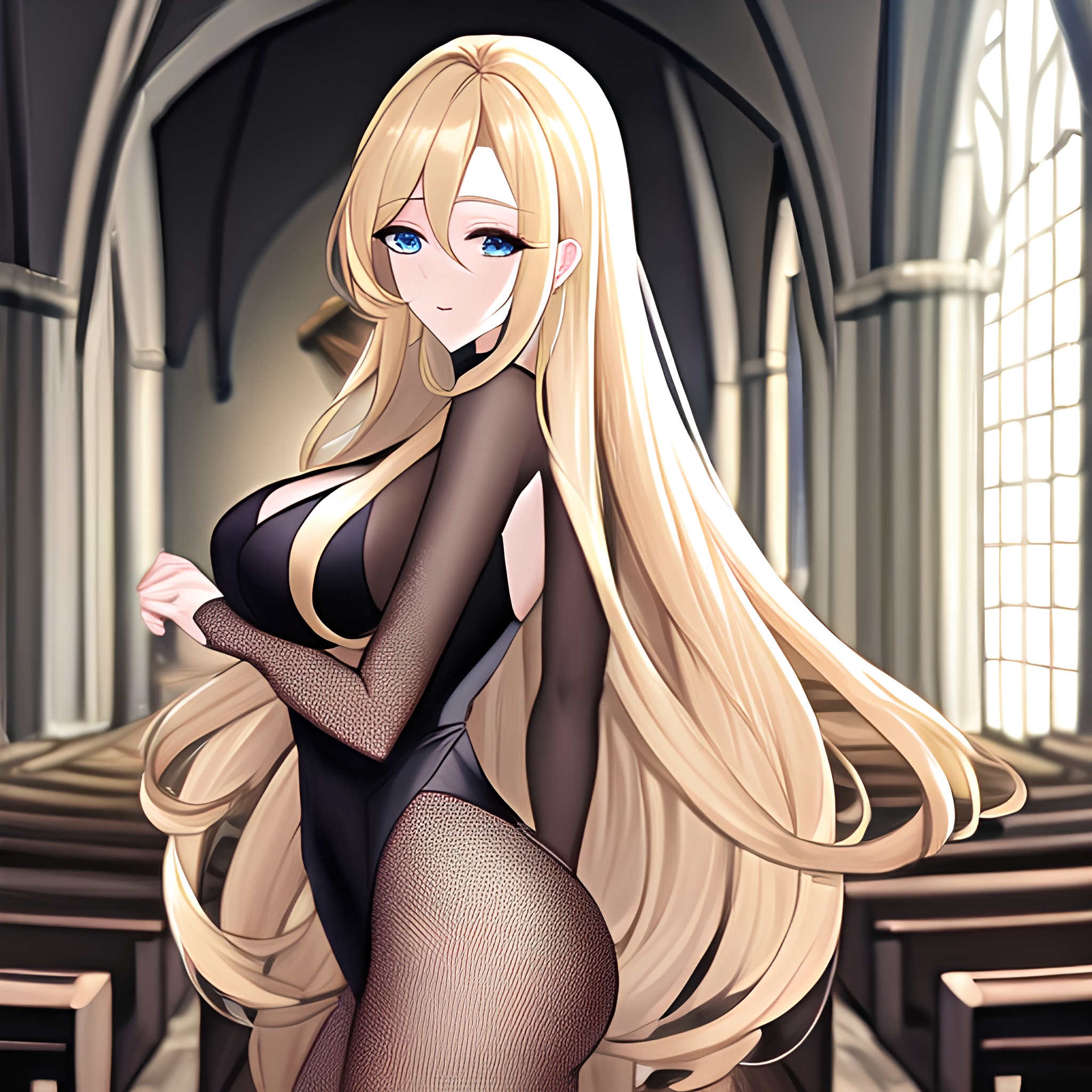 church fishnet long hair woman blonde 