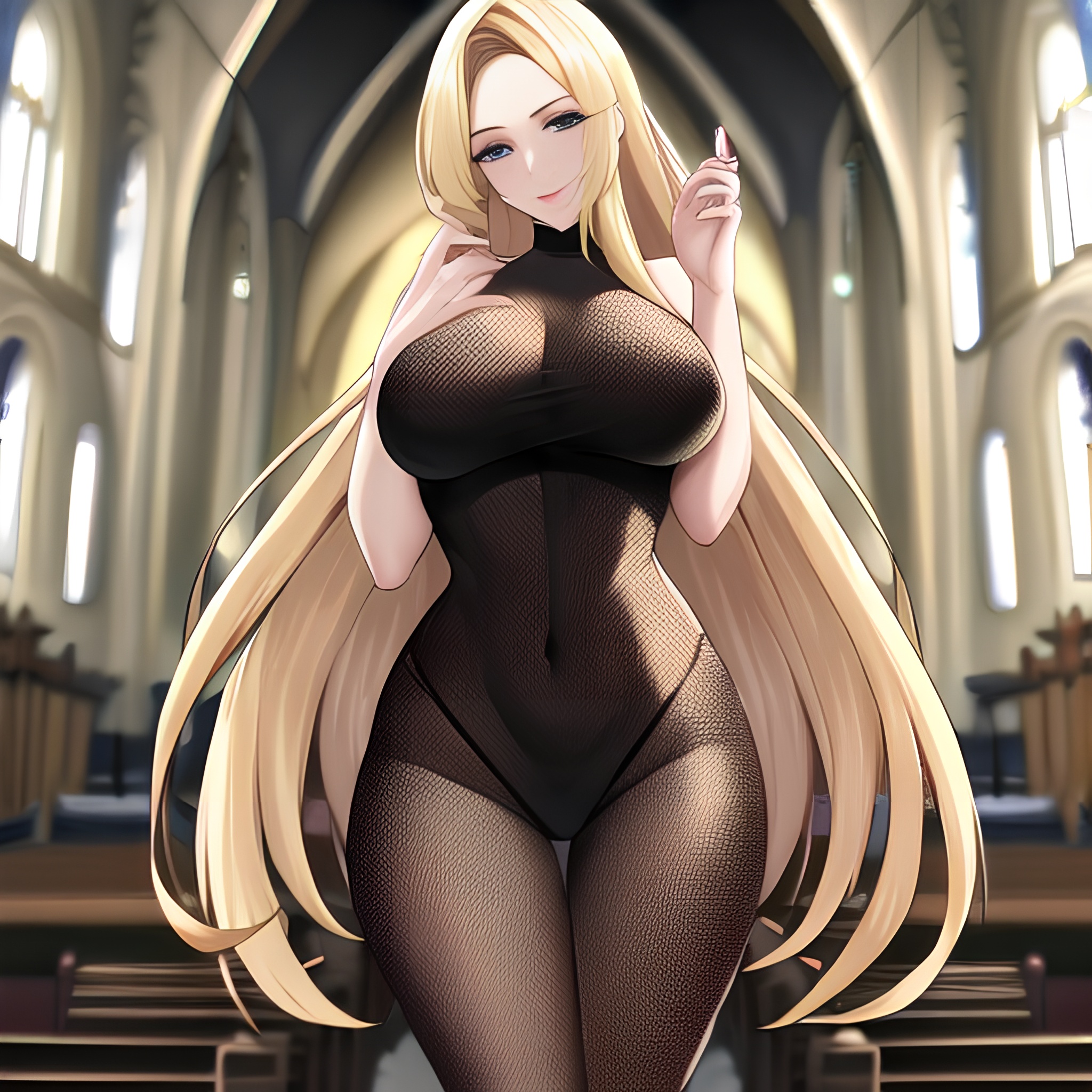 church fishnet long hair woman blonde 