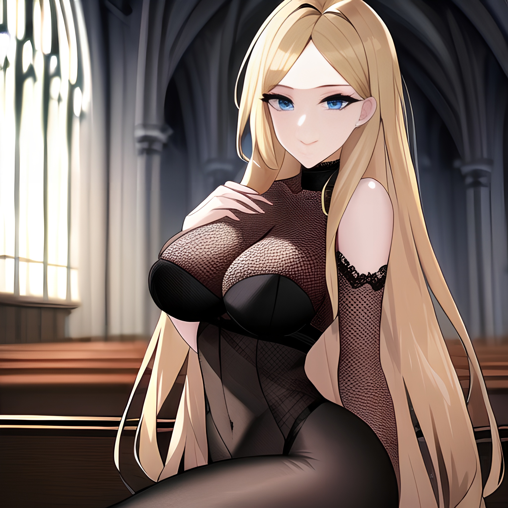 church fishnet long hair woman blonde 