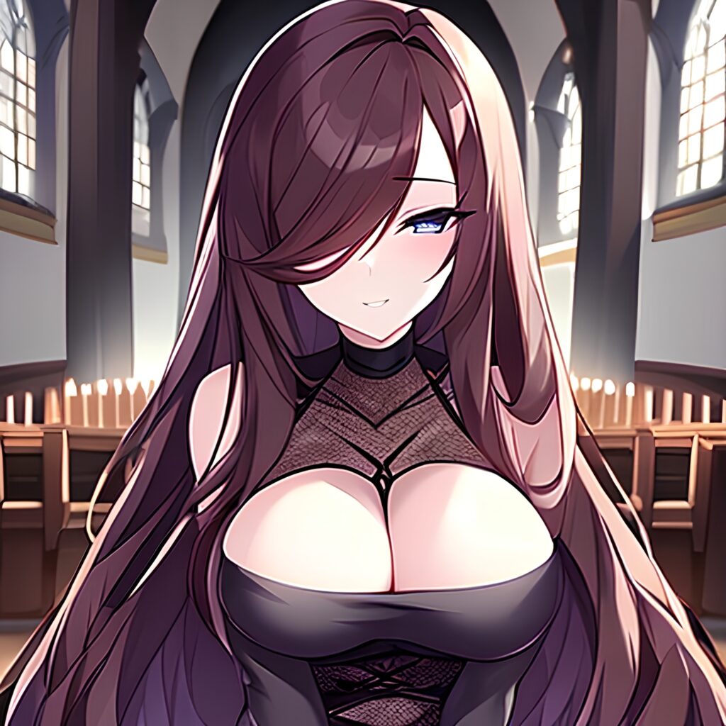 church fishnet long hair woman brunette messy hair 