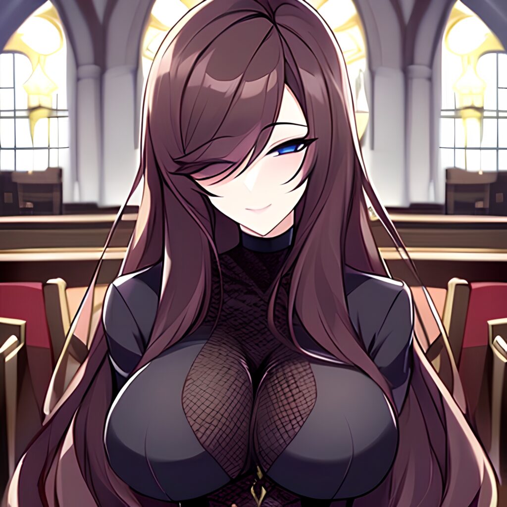 church fishnet long hair woman brunette messy hair 