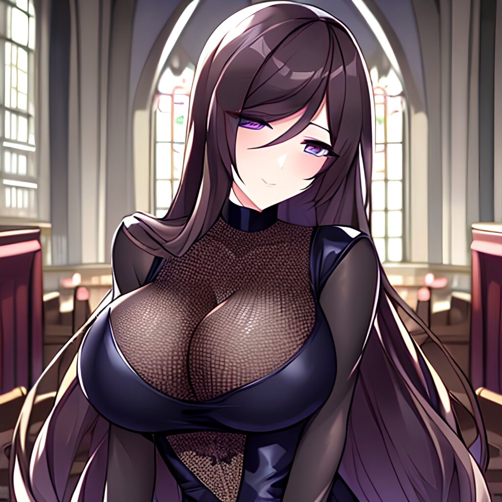 church fishnet long hair woman brunette messy hair 