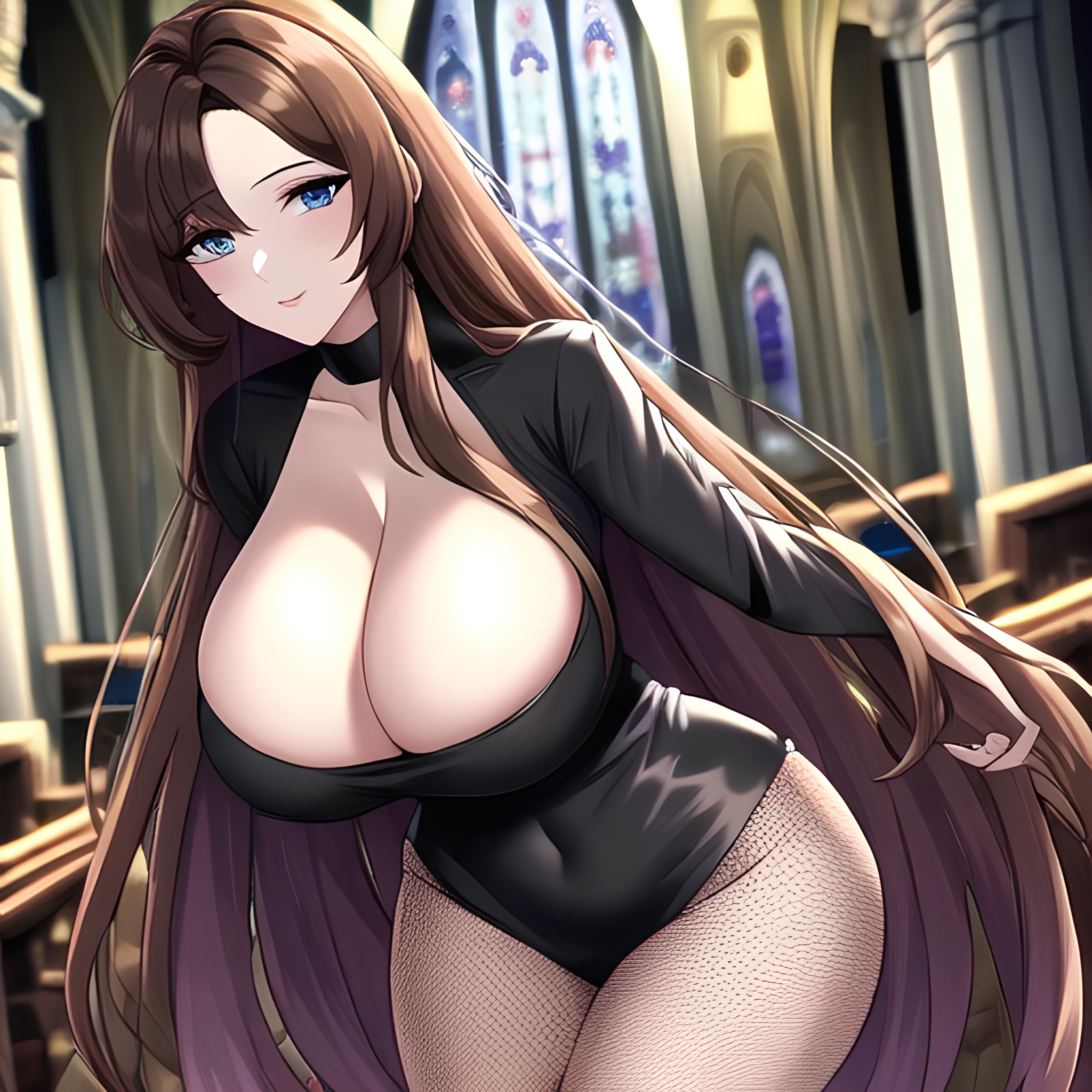 church fishnet long hair woman brunette messy hair