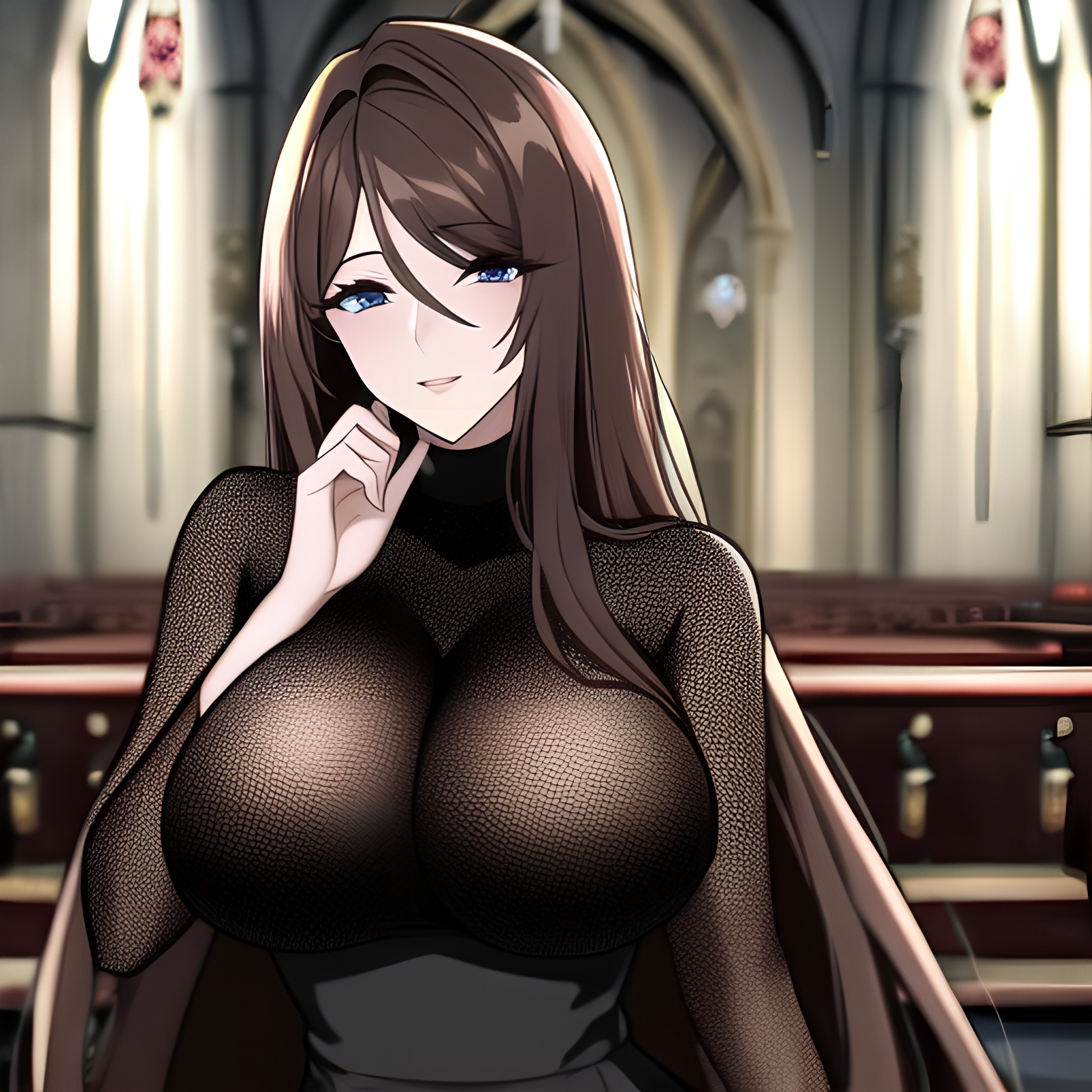 church fishnet messy hair brunette long hair woman 