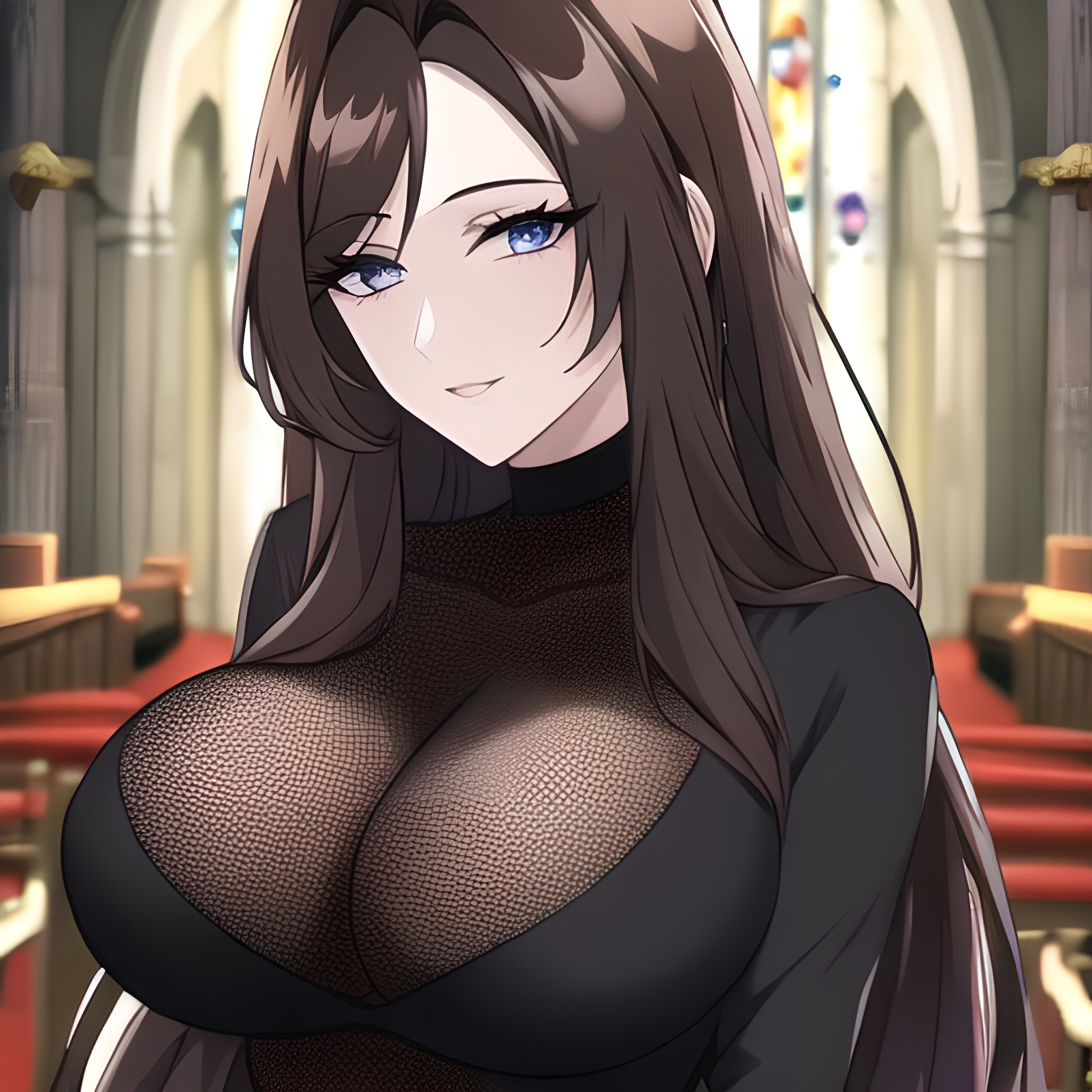 church fishnet messy hair brunette woman long hair 