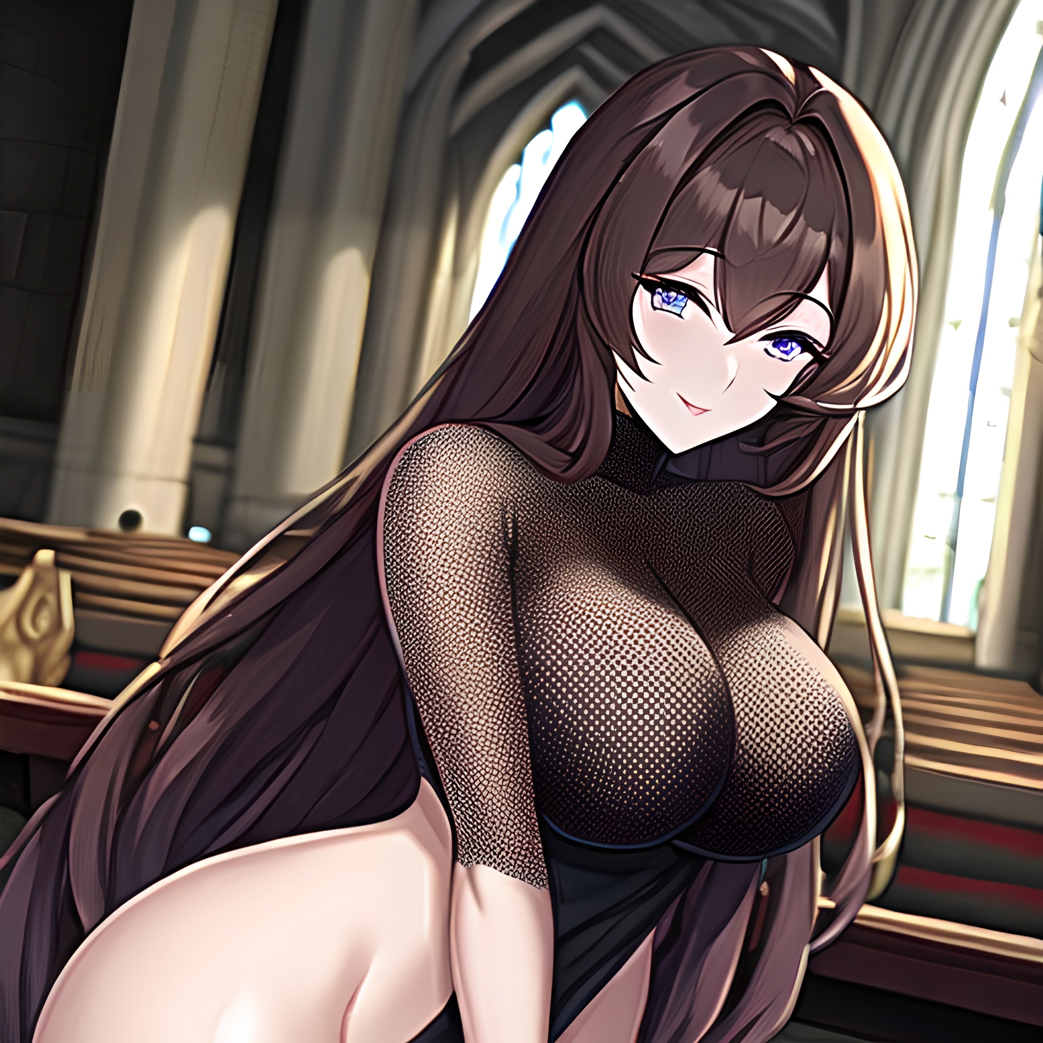 church fishnet messy hair brunette woman long hair 