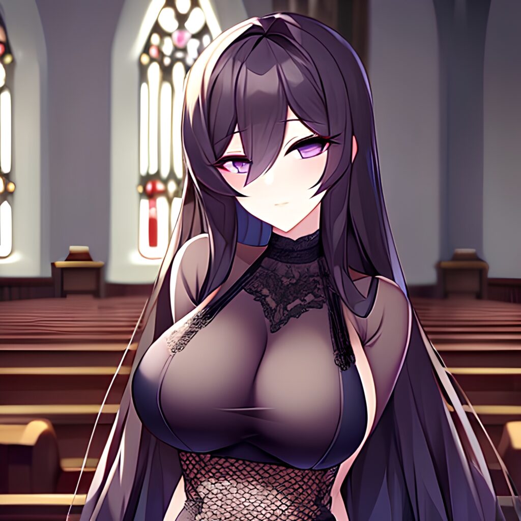 church fishnet messy hair long hair brunette woman 