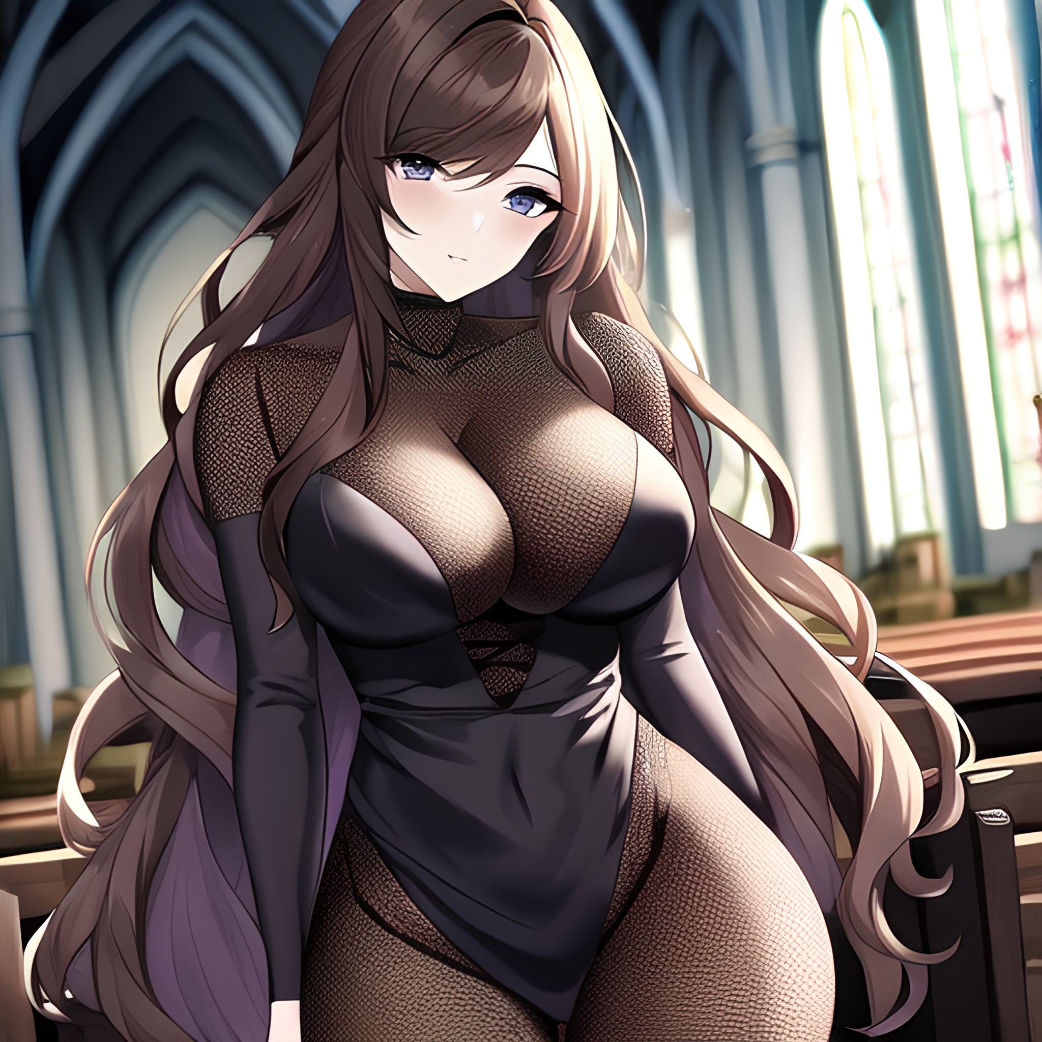 church fishnet messy hair long hair brunette woman