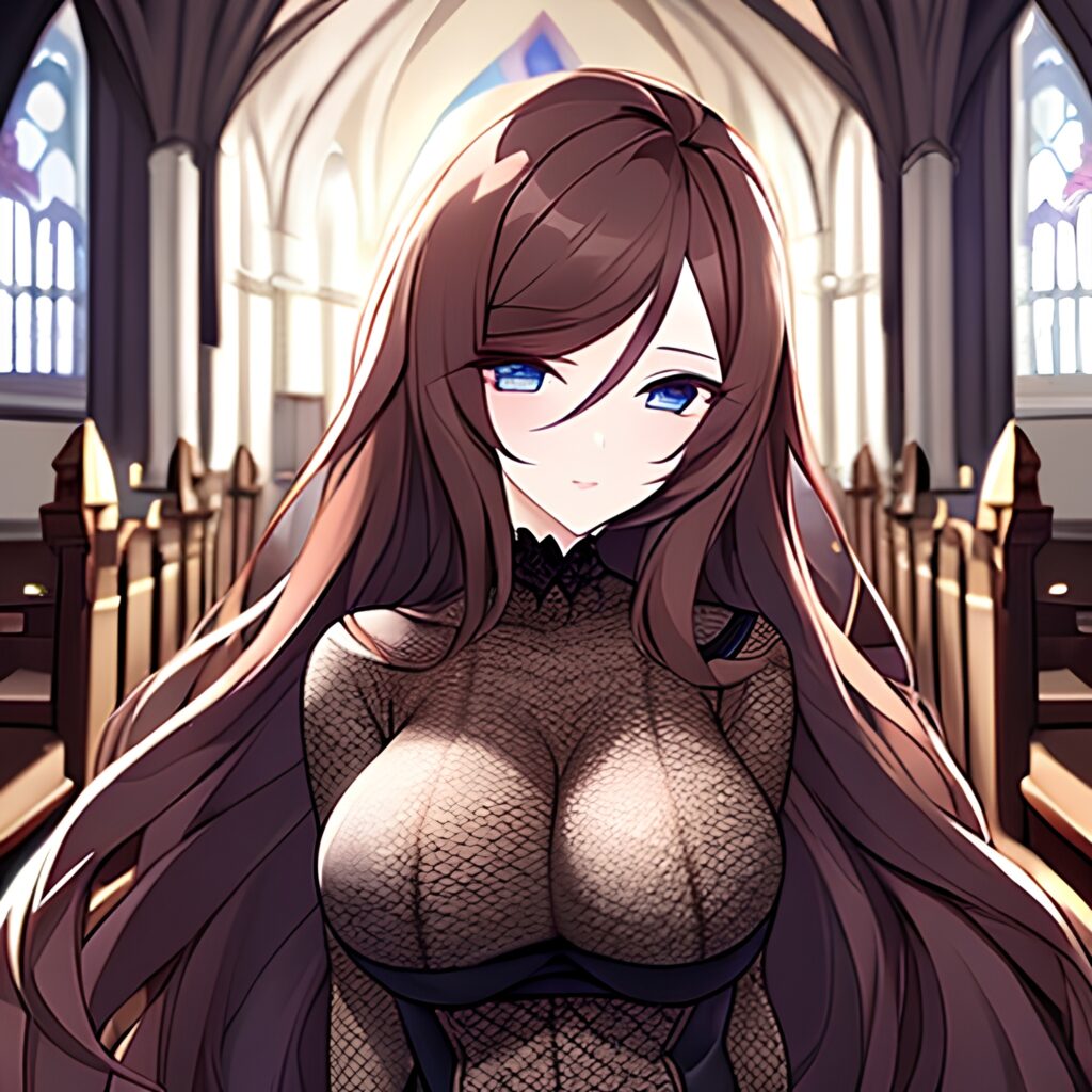 church fishnet messy hair long hair brunette woman 