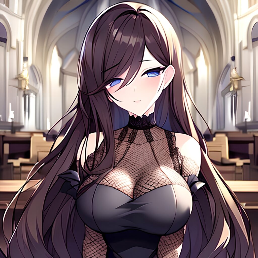 church fishnet messy hair long hair brunette woman 