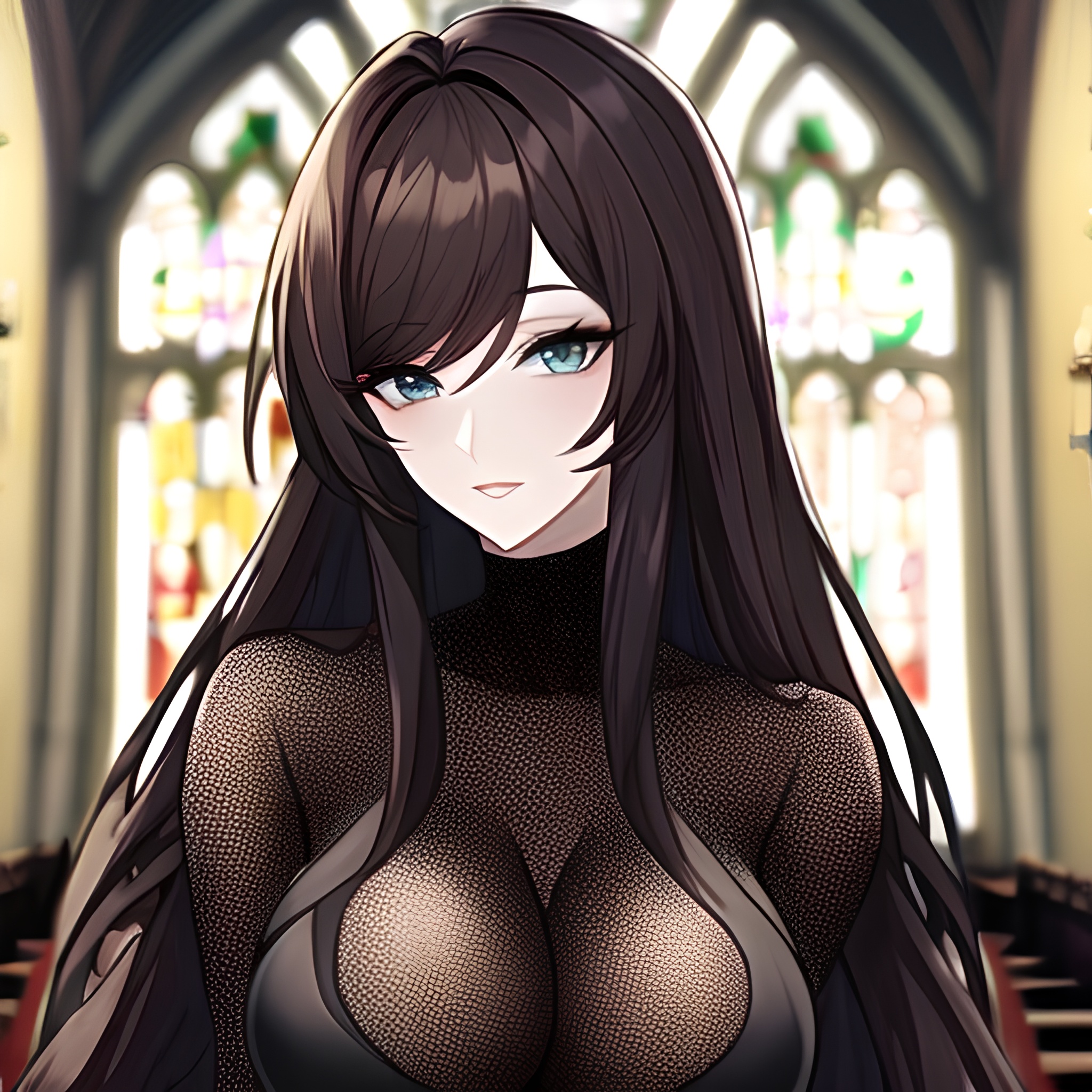 church fishnet messy hair woman brunette long hair 