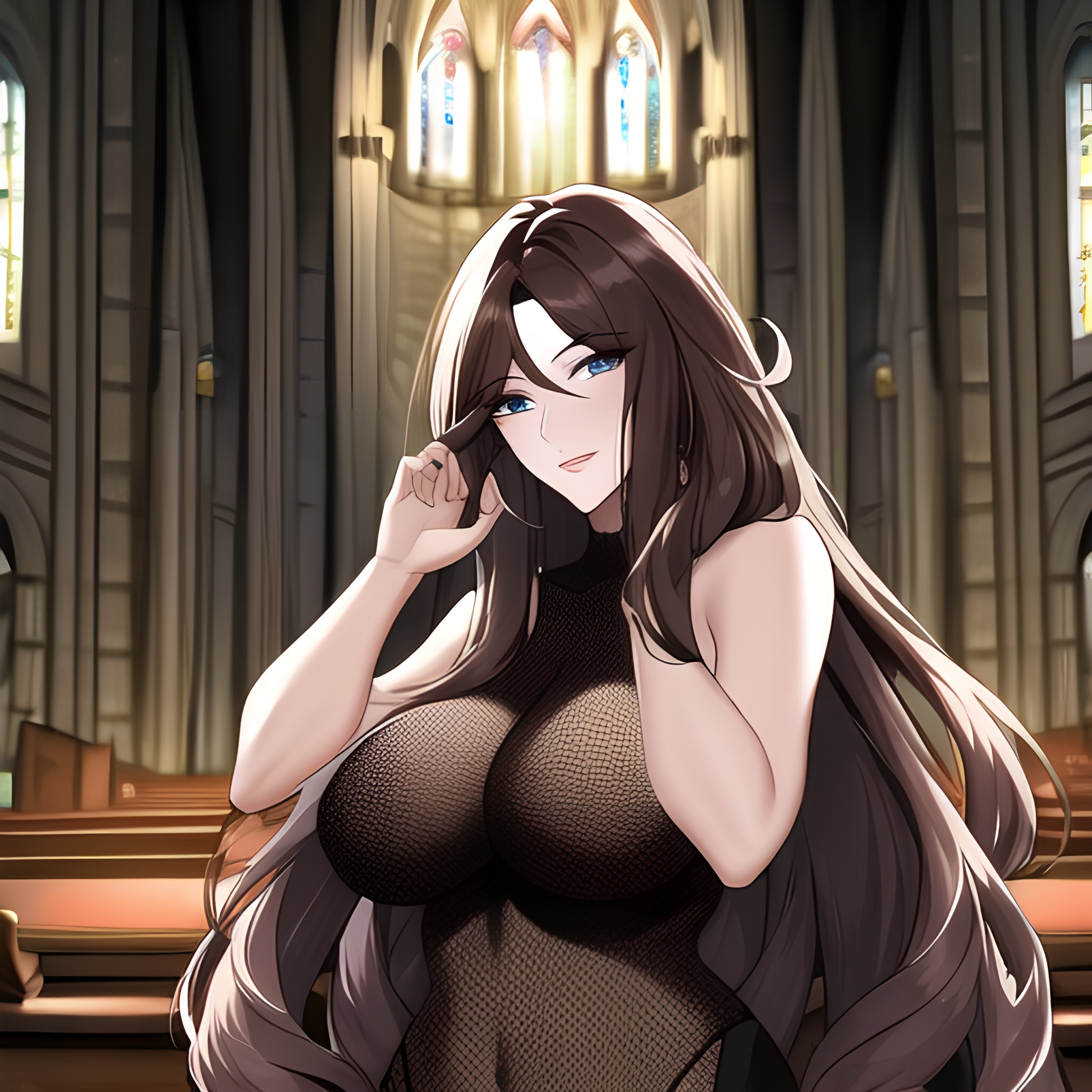 church fishnet messy hair woman brunette long hair 