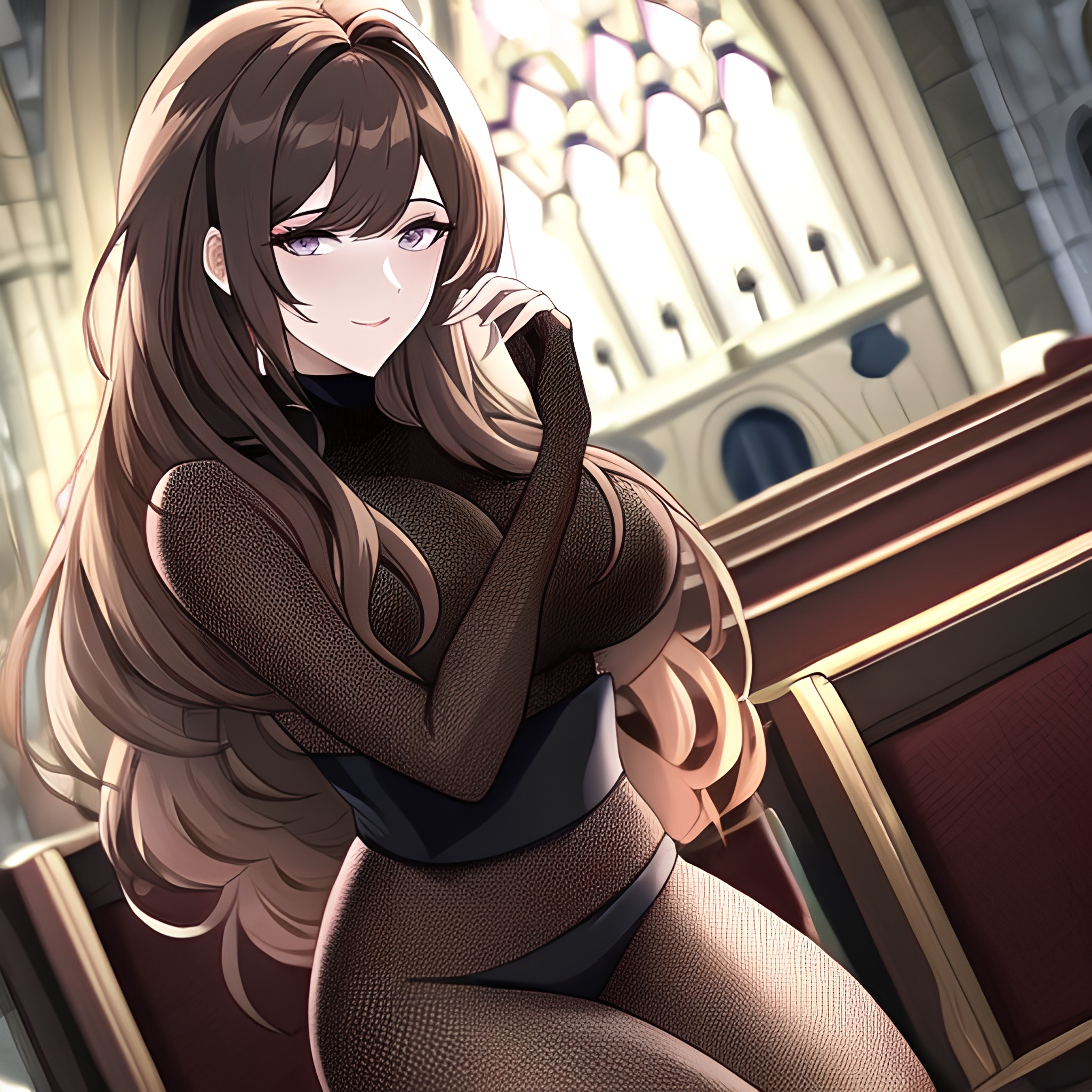 church fishnet messy hair woman brunette long hair 