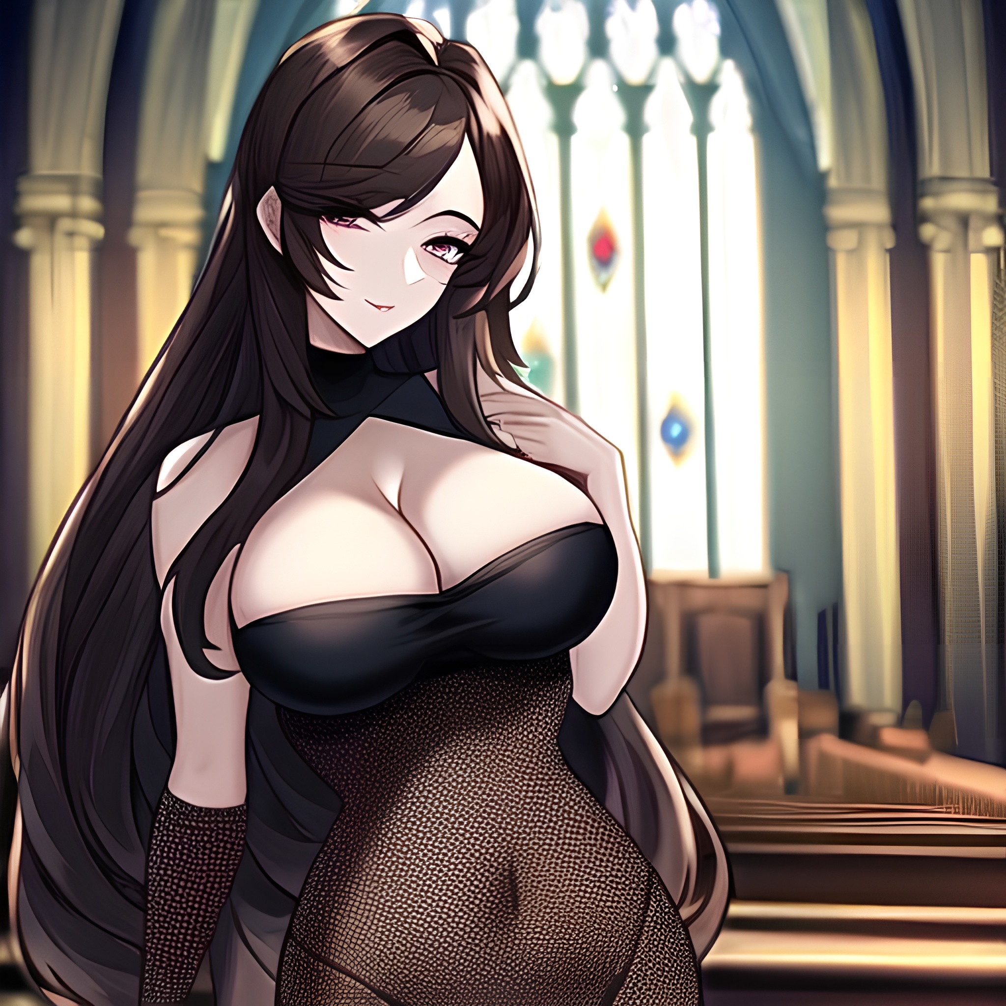 church fishnet messy hair woman brunette long hair 