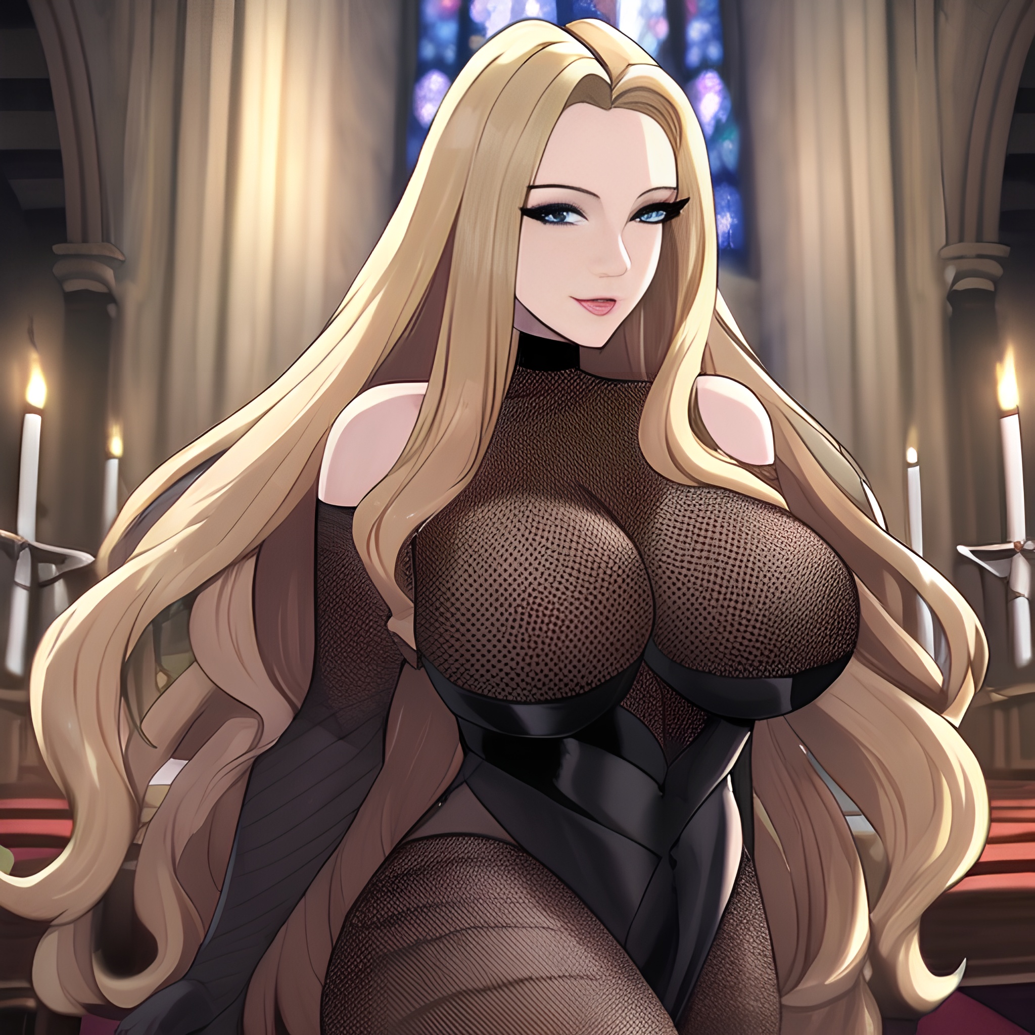 church fishnet nude long hair woman blonde front view small boobs 